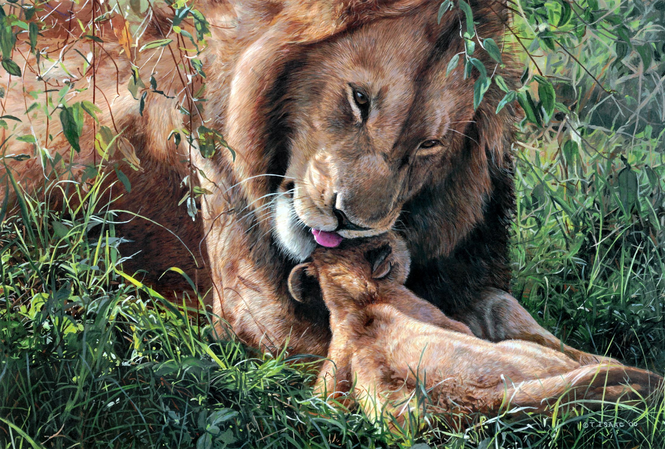 brown lion and cub, Leo, art, weasel, Fathers Day, Terry Isaac