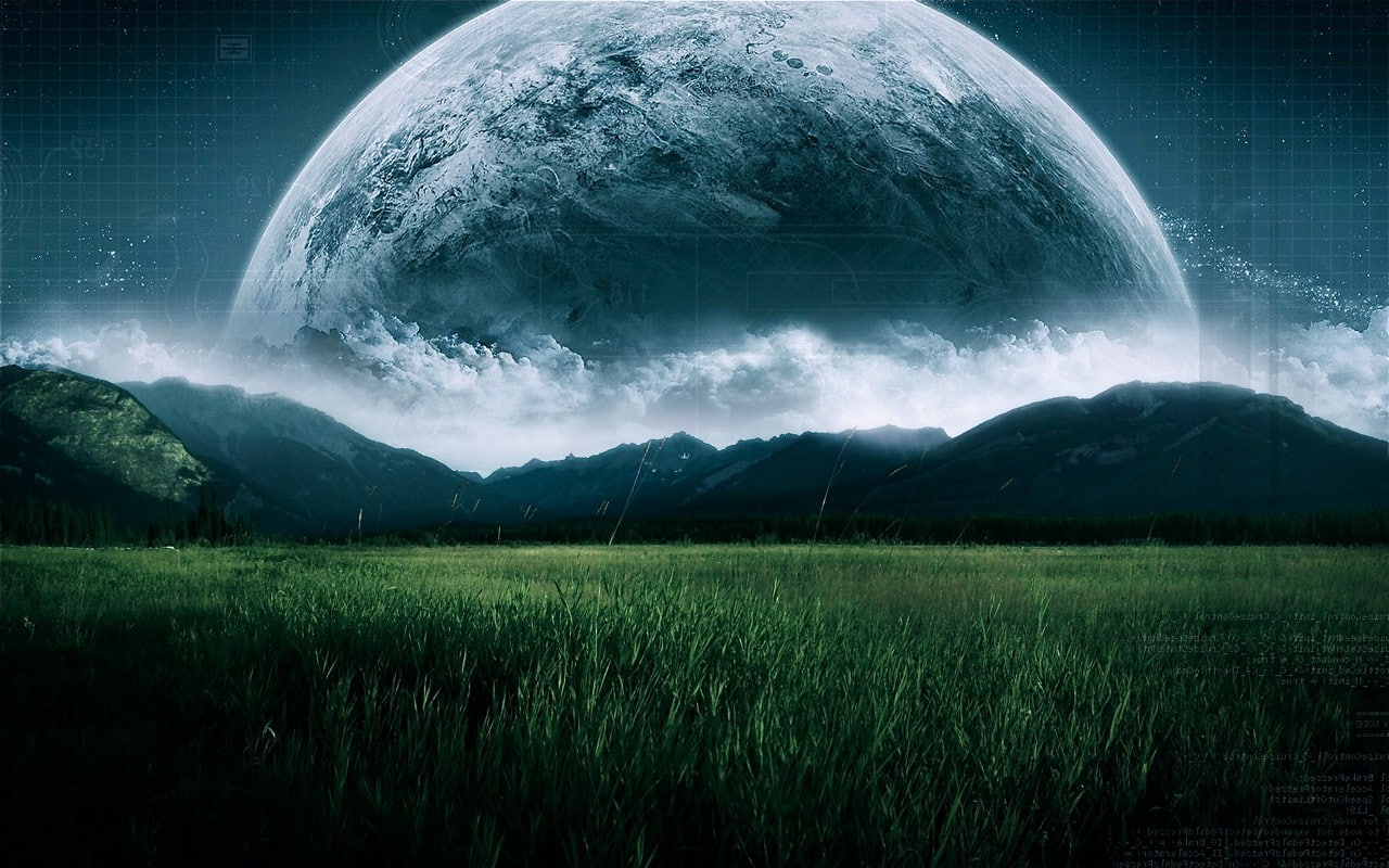 clouds, Code, digital art, field, Hill, landscape, nature, planet