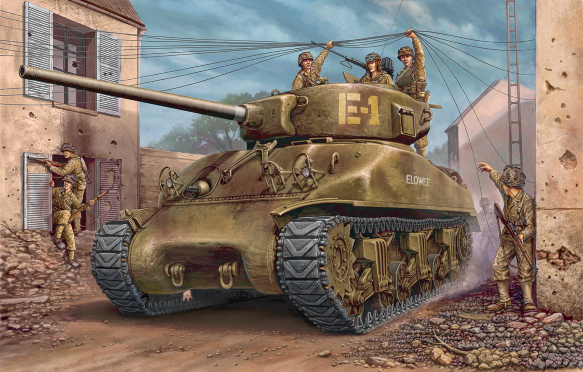 soldiers riding war tank illustration, art, painting, ww2, m4a1 Sherman