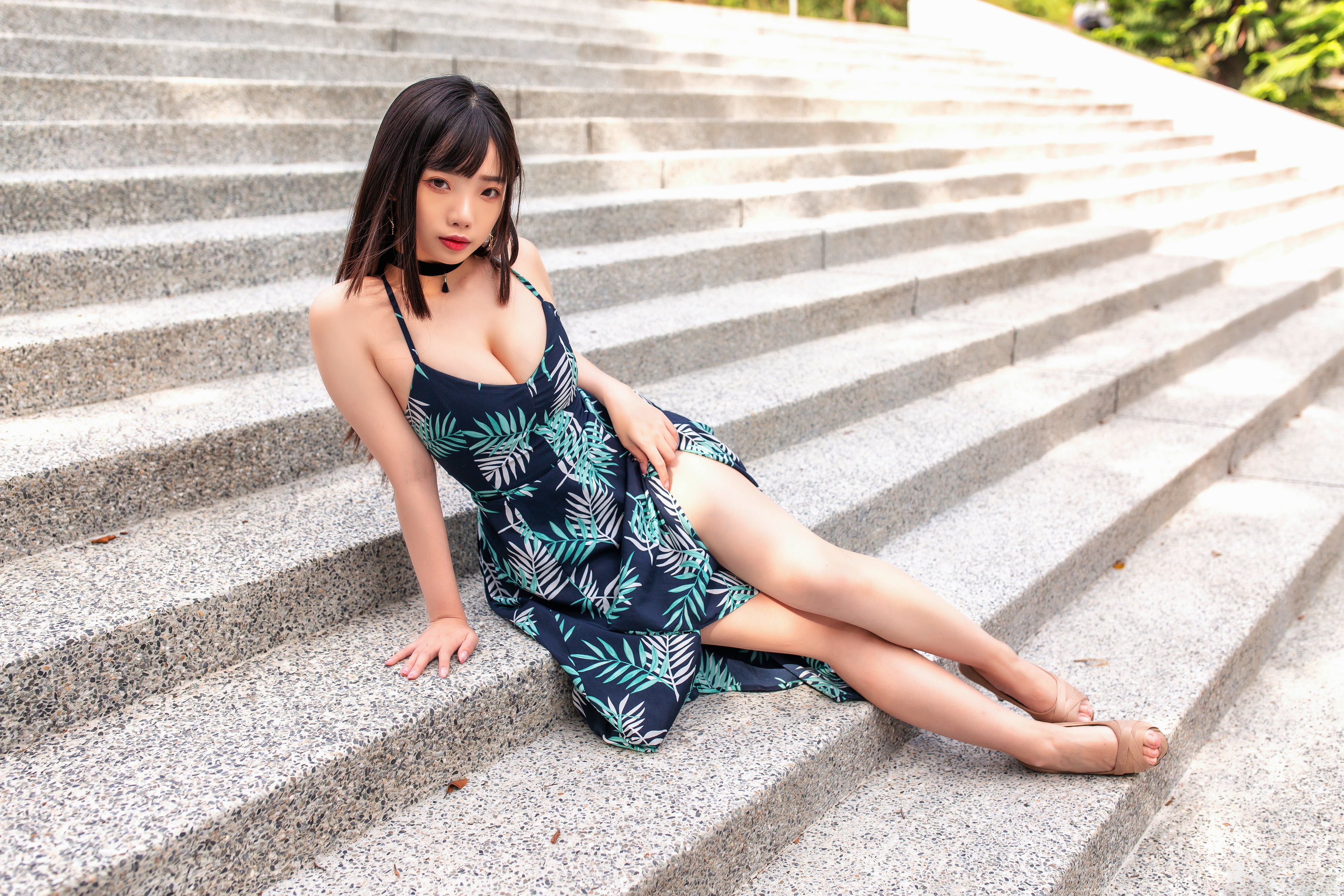 sitting, Asian, women, model, flower dress, stairs, black hair