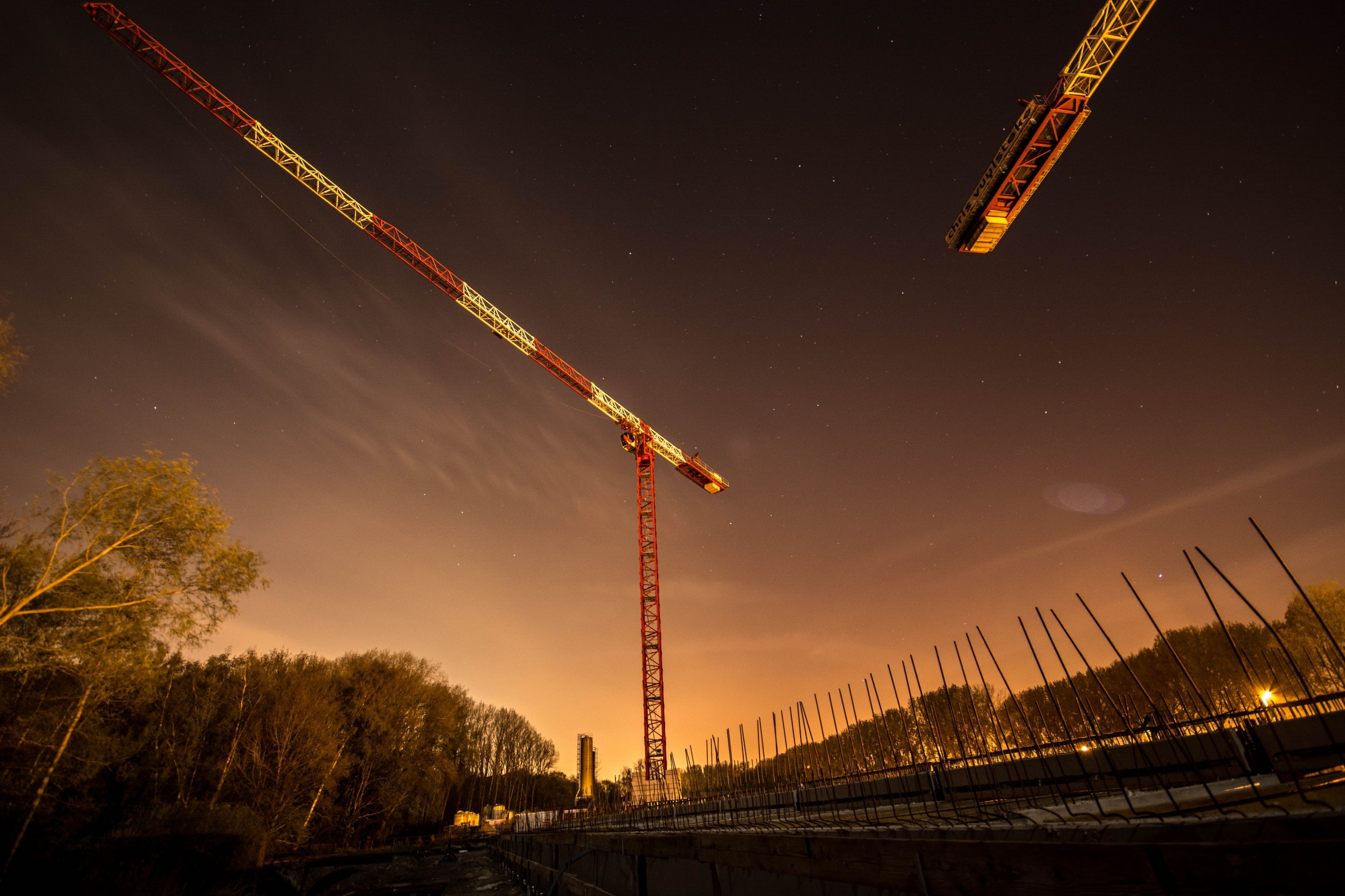 clouds trees cranes machine, sky, architecture, night, nature