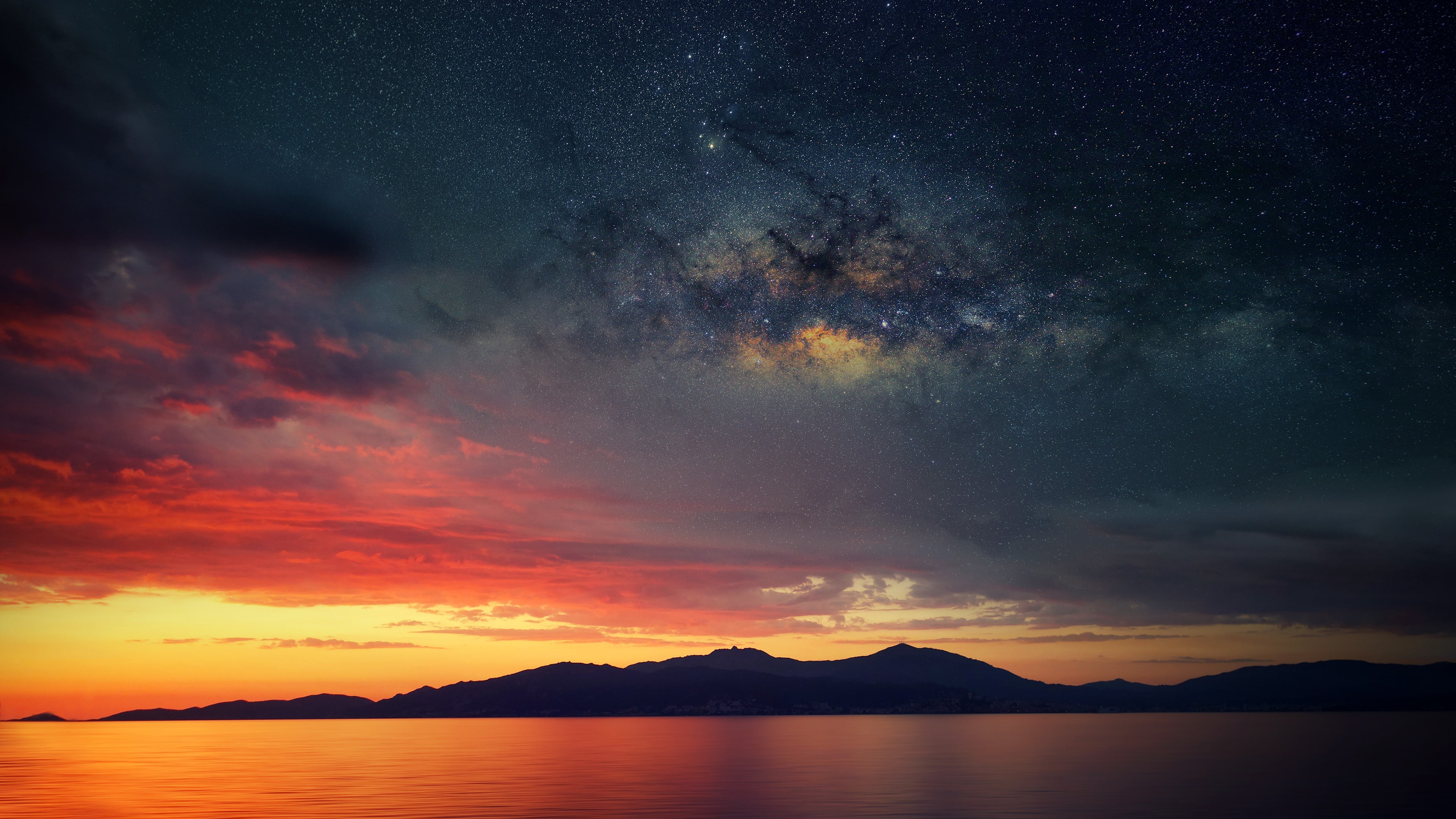 France, Corsica, clouds, stars, reflection, dusk, silhouette