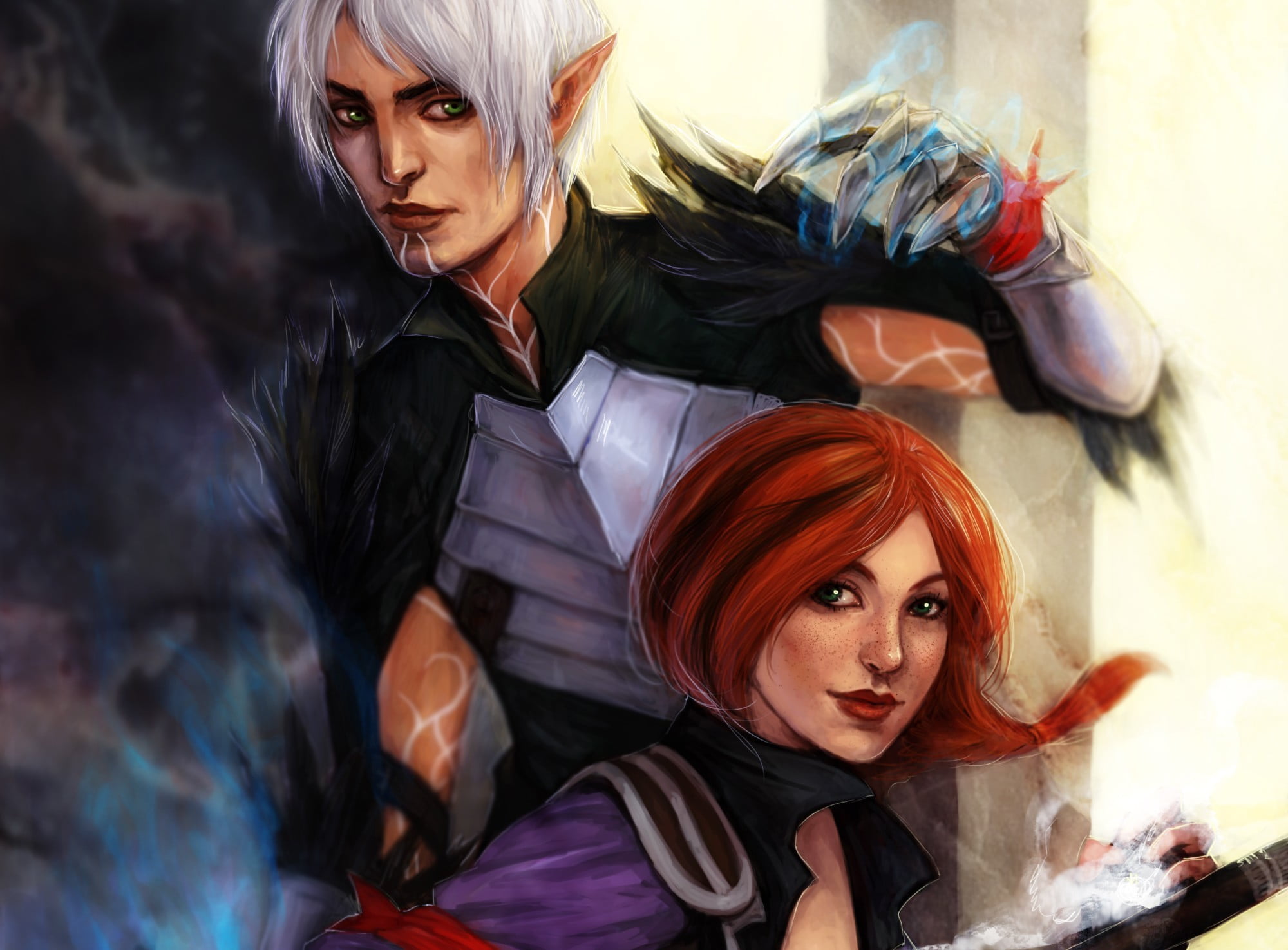 male and female anime characters illustration, dragon age, hawke