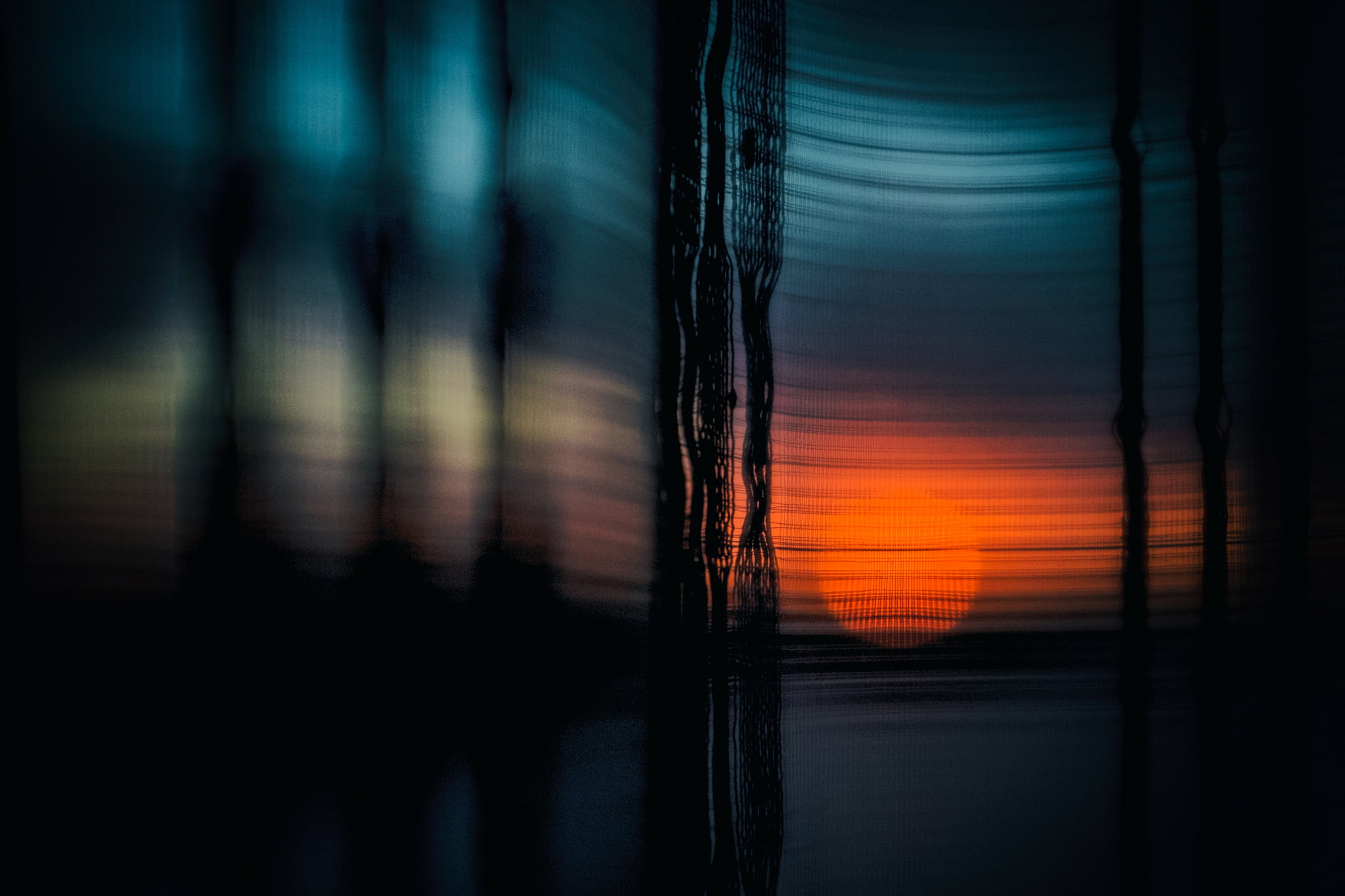 blue and red bokeh effect, light, night, blind, curtain, sunset
