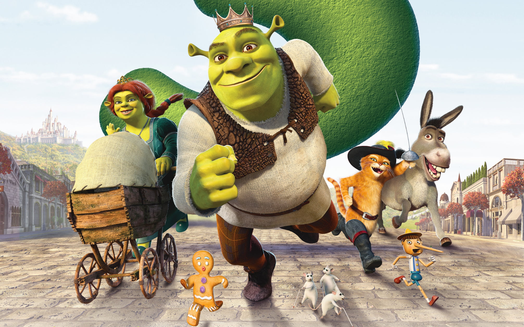 Shrek characters wallpaper, cartoon, crown, stroller, cookie