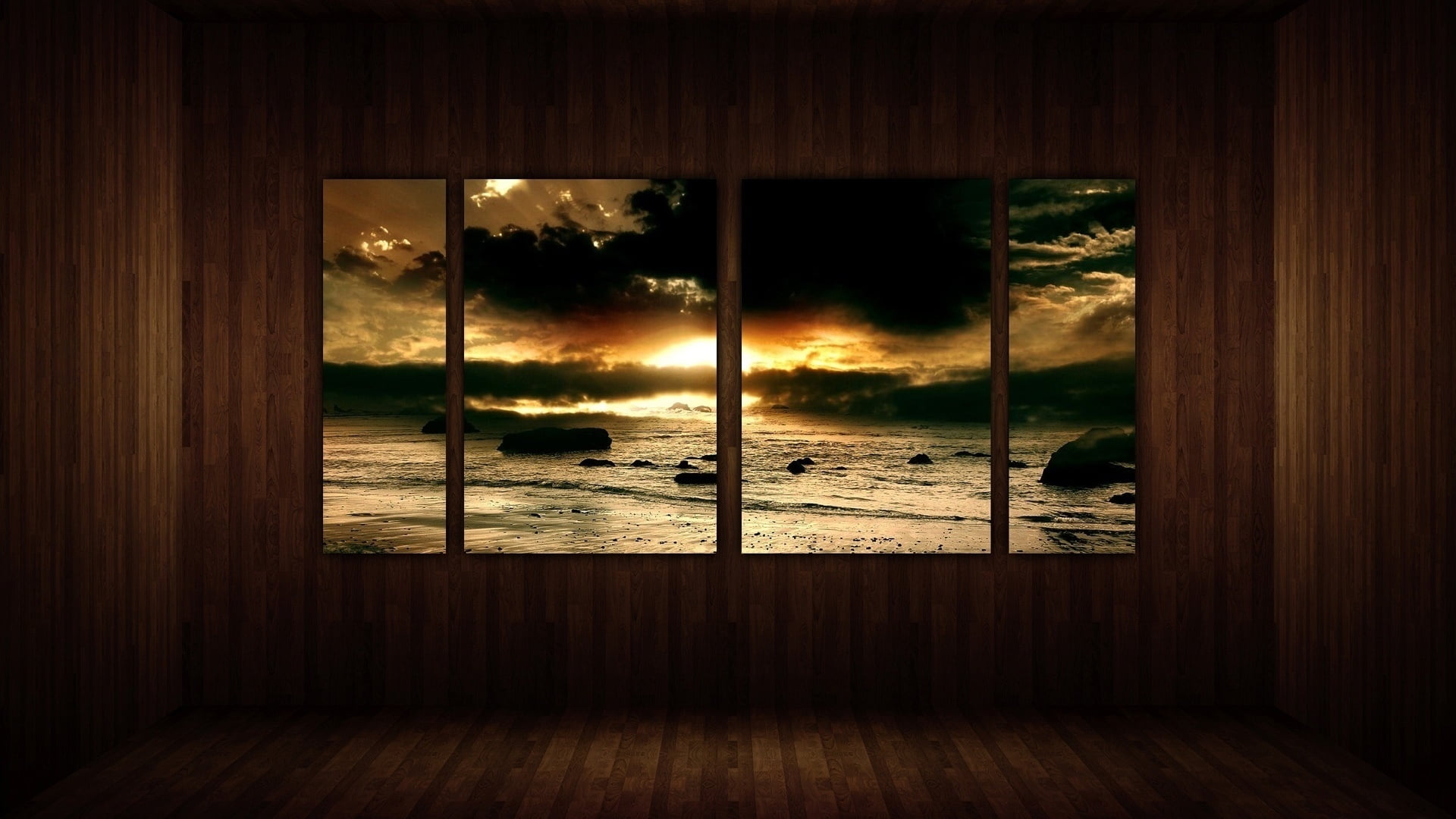 beach shore 4-panel painting, window, rocks, water, sunset, landscape