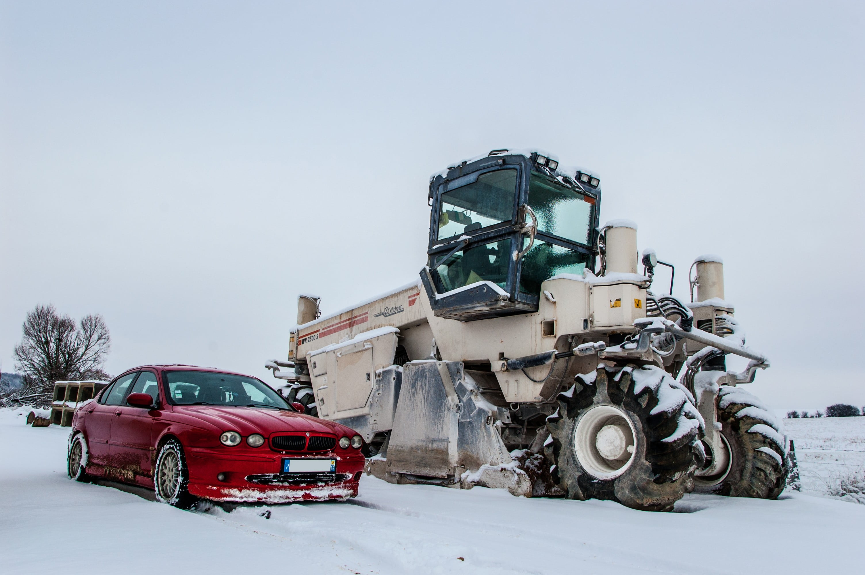 red sedan beside beige excavator, Jaguar, winter, landscape, car