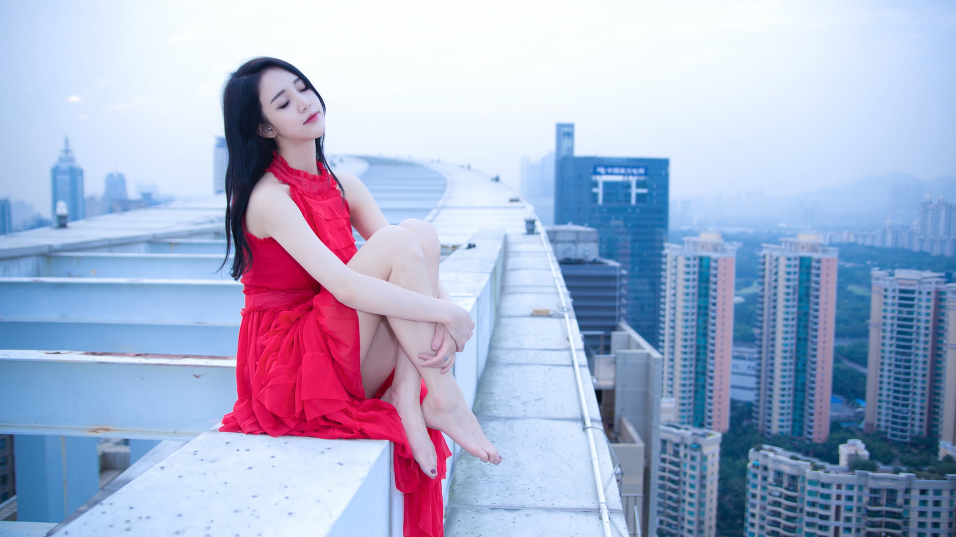 women's pink sleeveless dress, Asian, model, photography, city