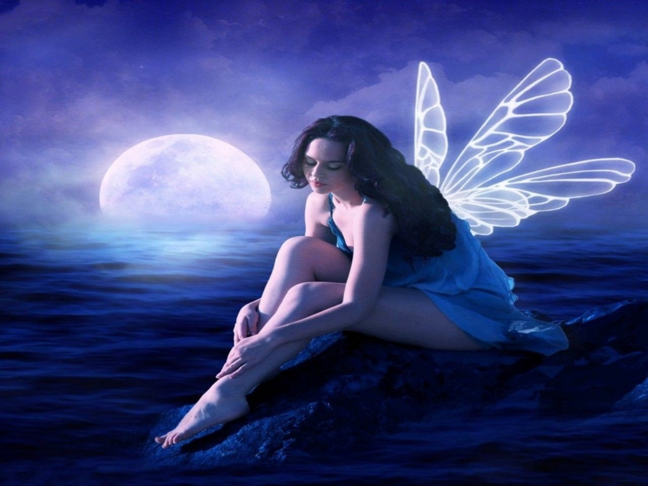 fairy illustration, Fantasy, Blue, Moon, young adult, sky, one person