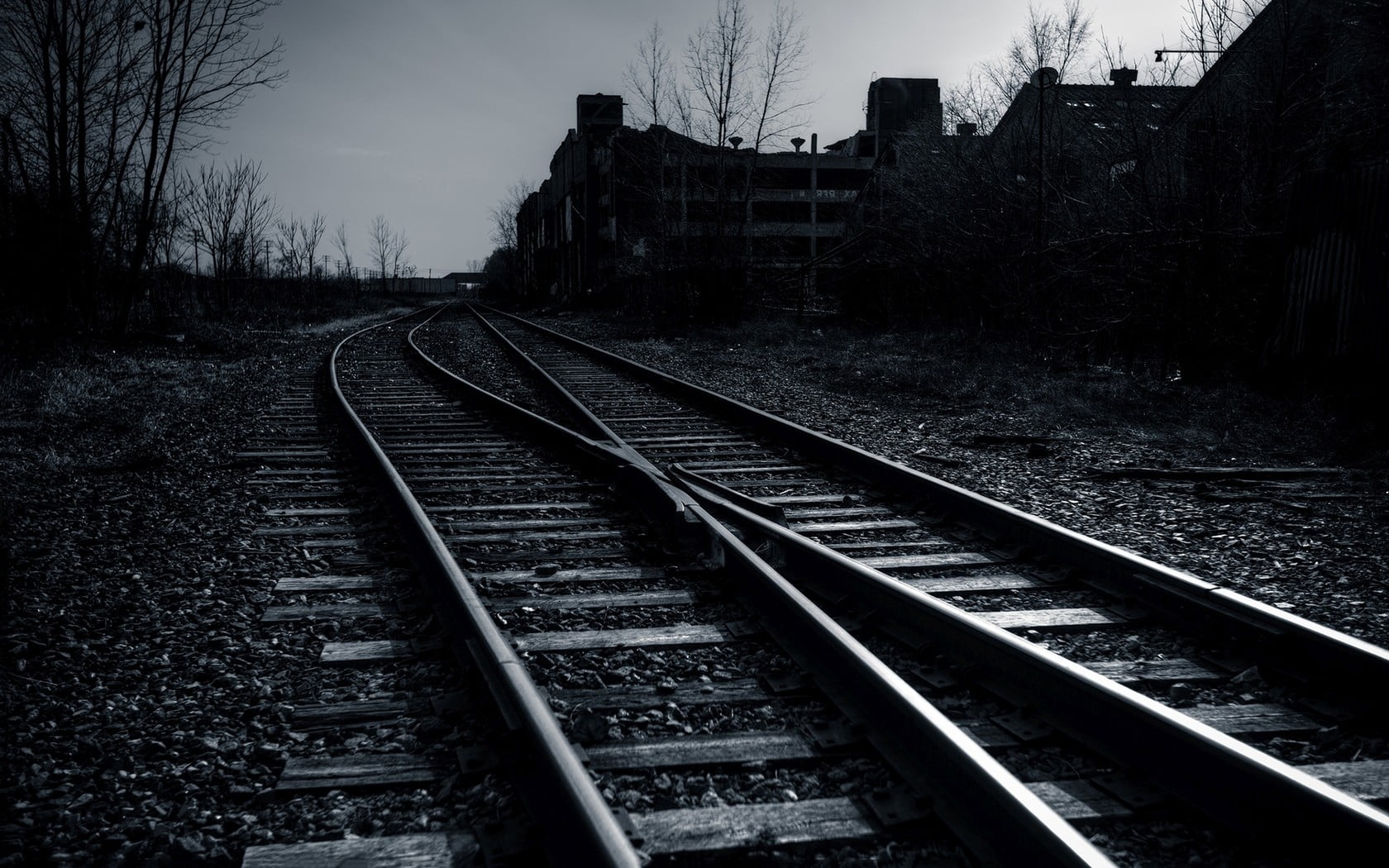 grayscale photo of train tracks, railway, dark, railroad track