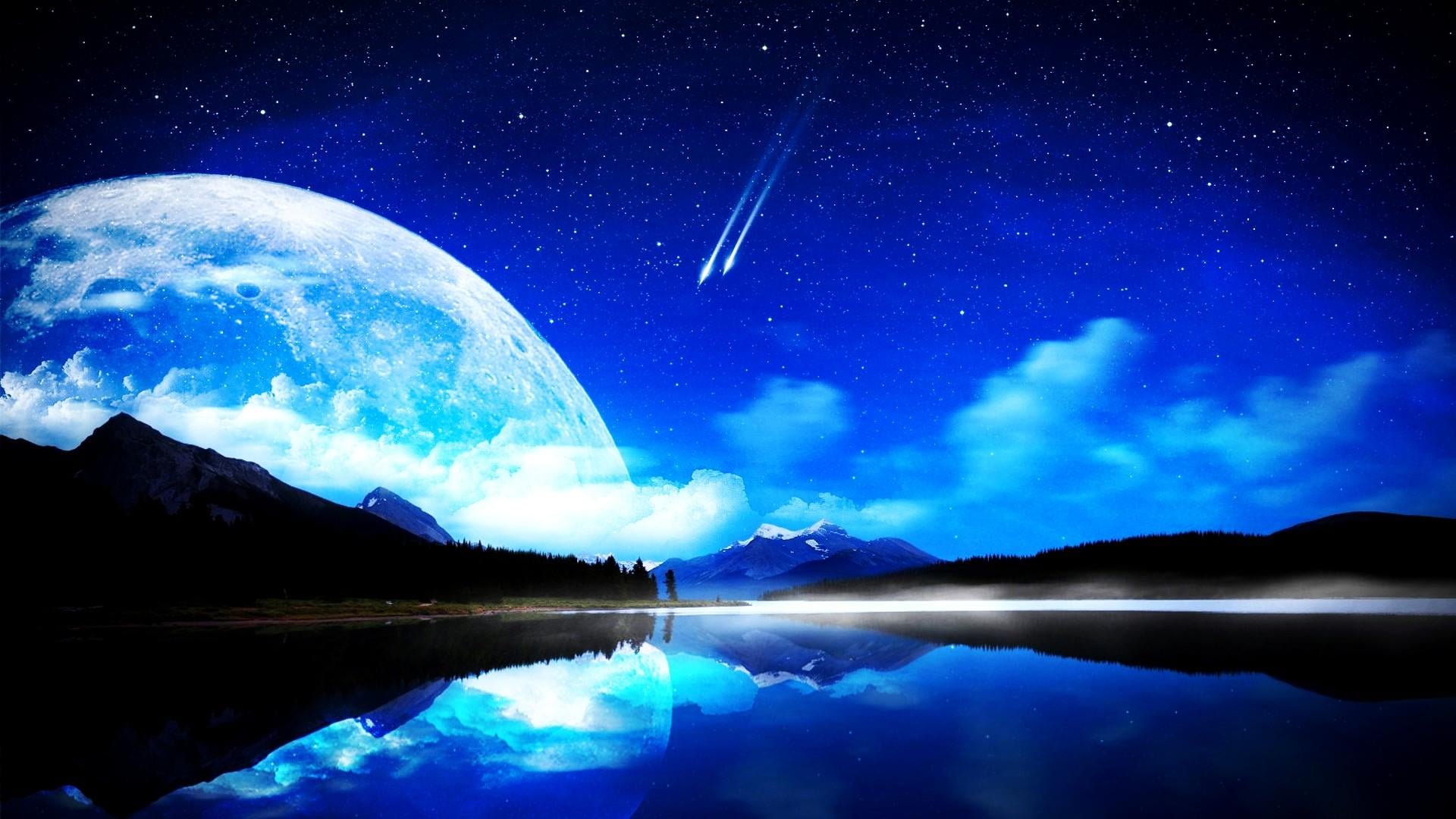 night, lake, stars, moon, shooting stars, blue, fantasy, sky
