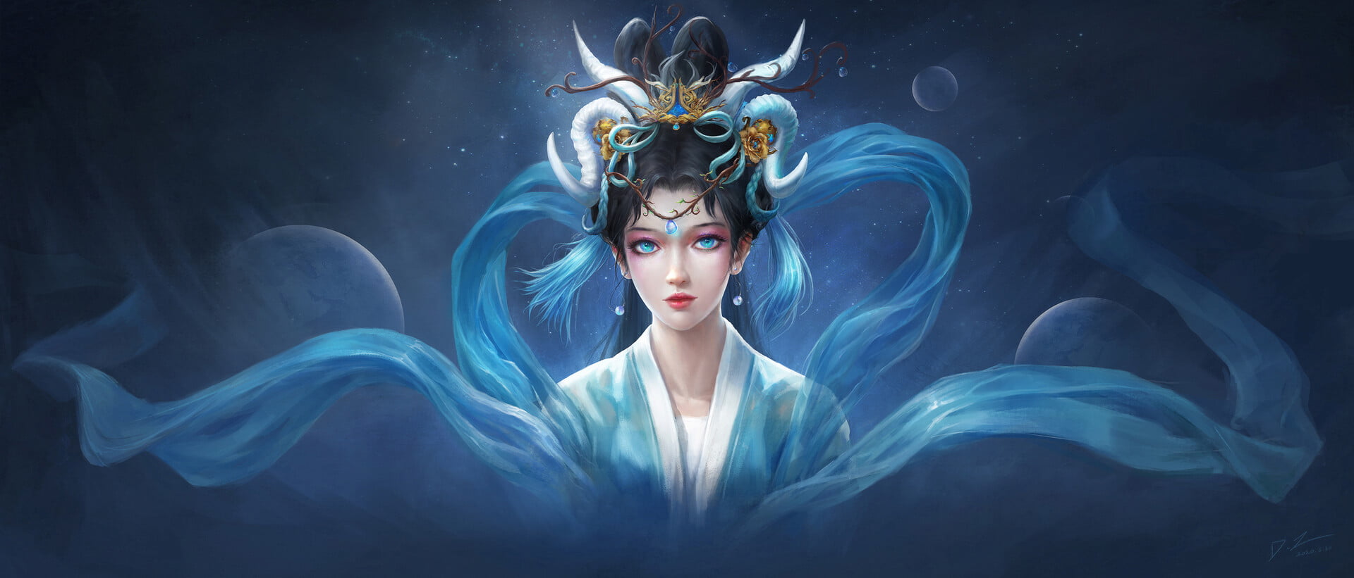 Asian, fantasy art, artwork, blue eyes, fantasy girl