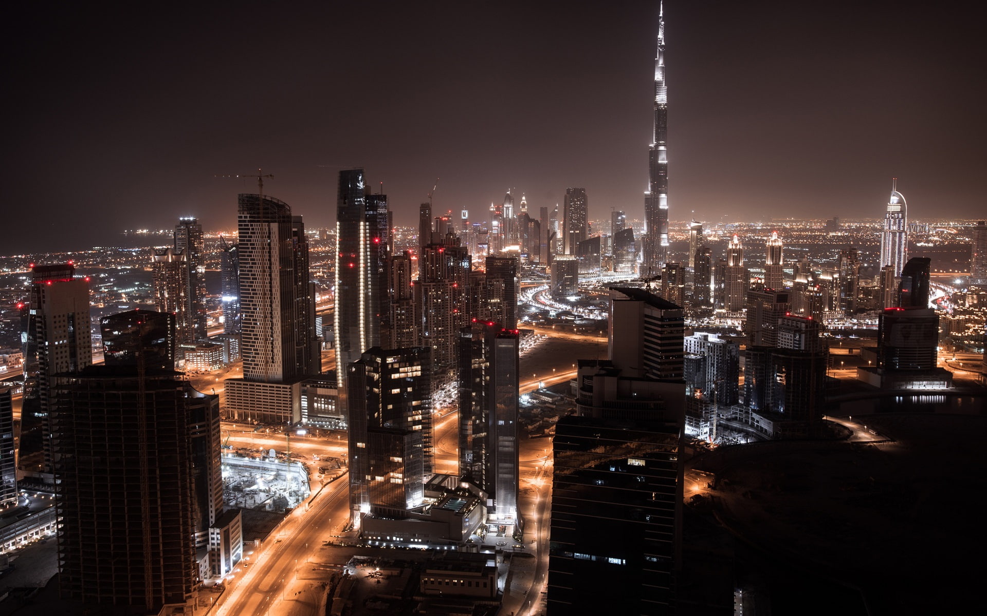 Dubai, city night, skyscrapers, lights, roads