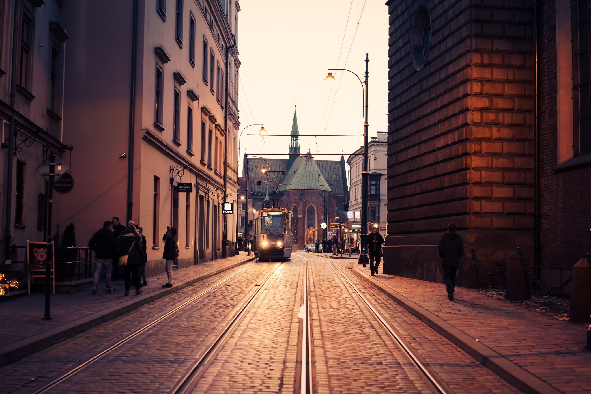 cathedral, street, people, Poland, tram, church, Krakow