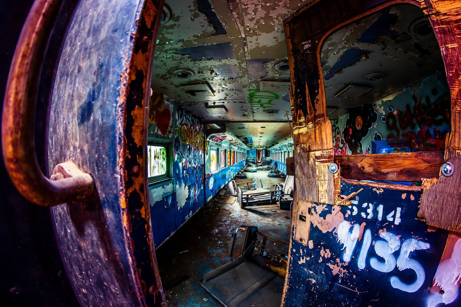 blue and gray train, ruin, graffiti, metal, damaged, abandoned
