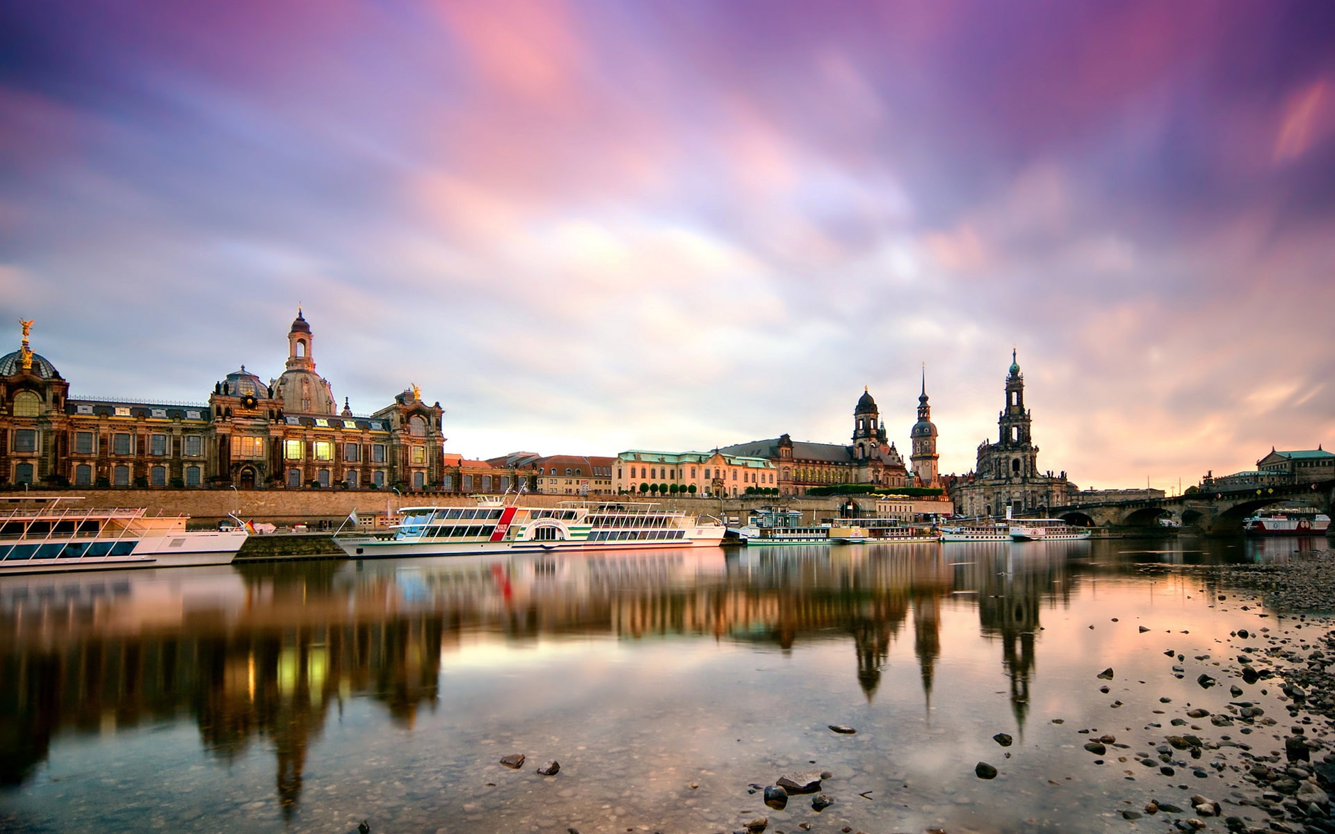 Dresden, Germany, morning, city, buildings, harbor, boats, Elbe river, brown painted concrete building