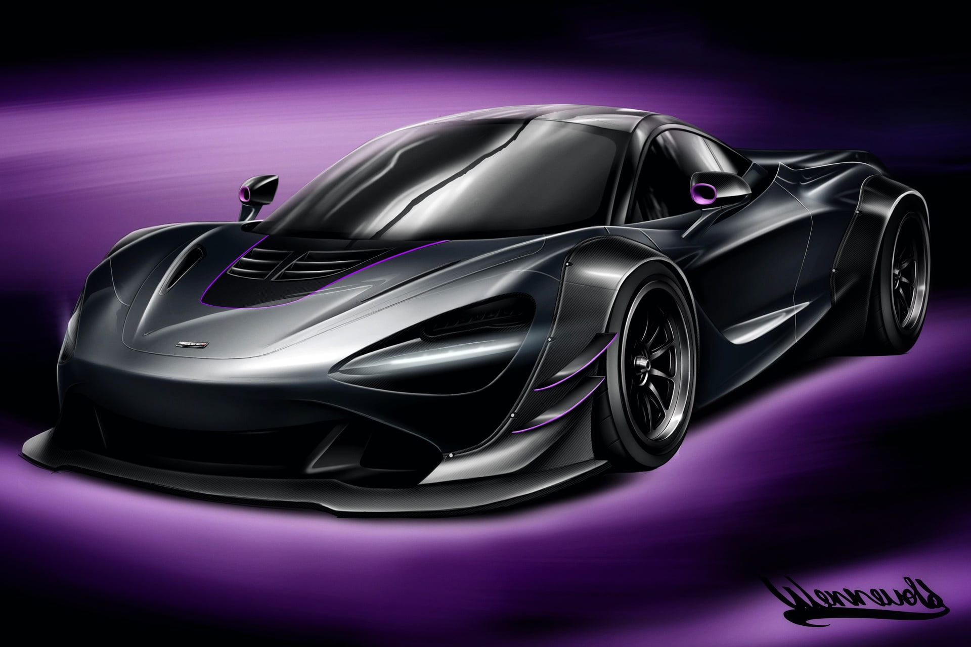 black cars, vehicle, artwork, McLaren, McLaren 720S, purple