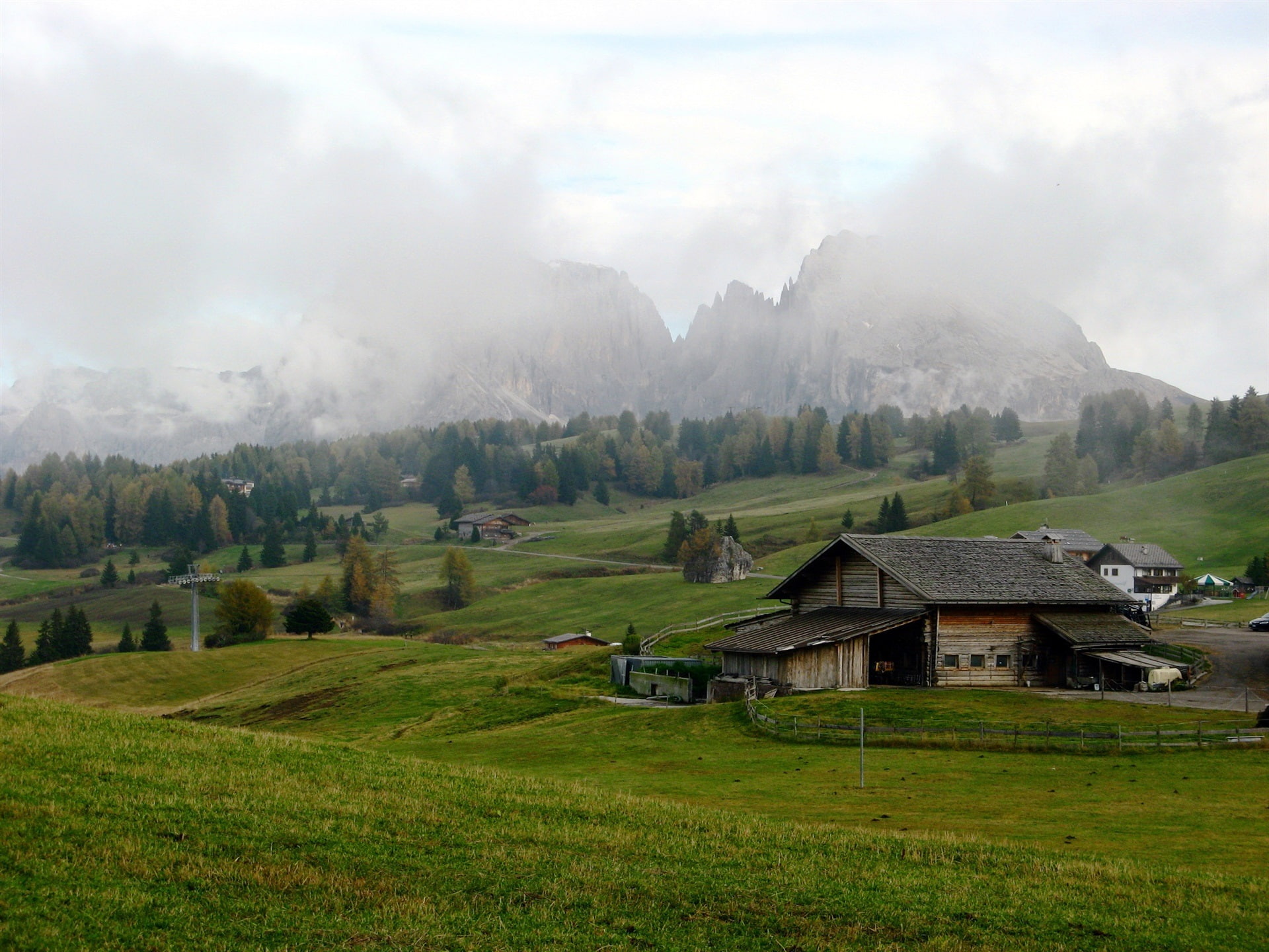 Italy, fields, meadows, mountains, Alps, houses, clouds