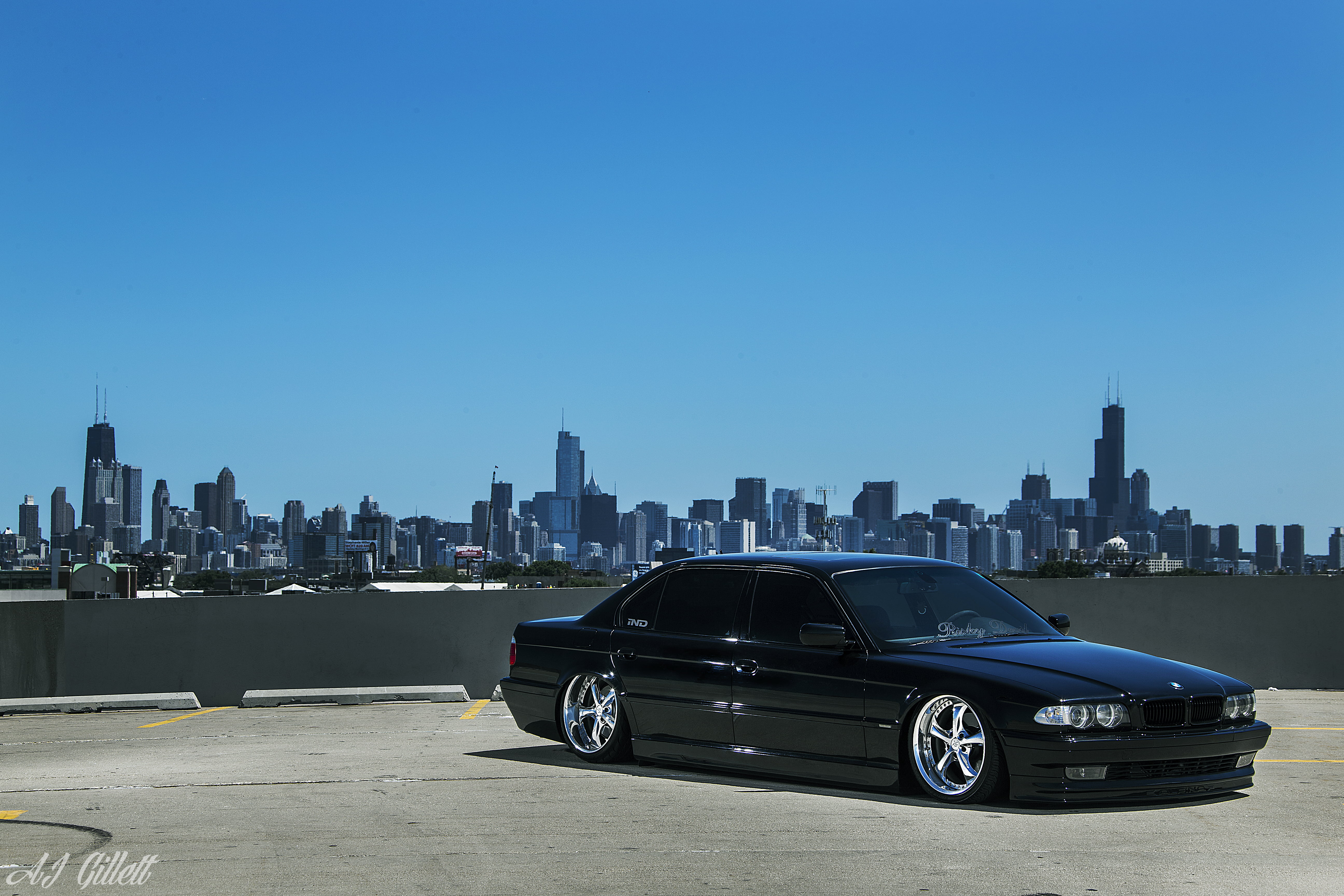 black BMW sedan, Boomer, Chicago, USA, tuning, Stance, E38, city
