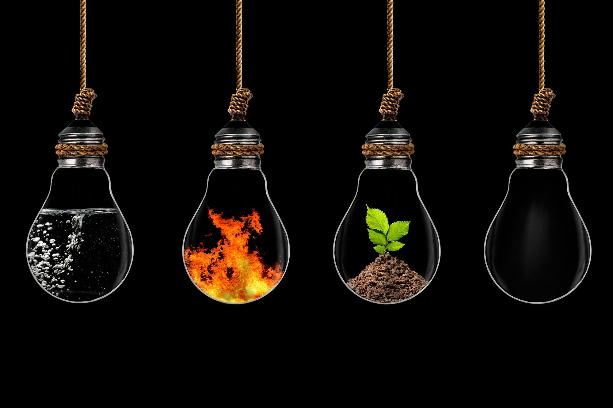 black background, digital art, fire, four Elements, Light Bulb