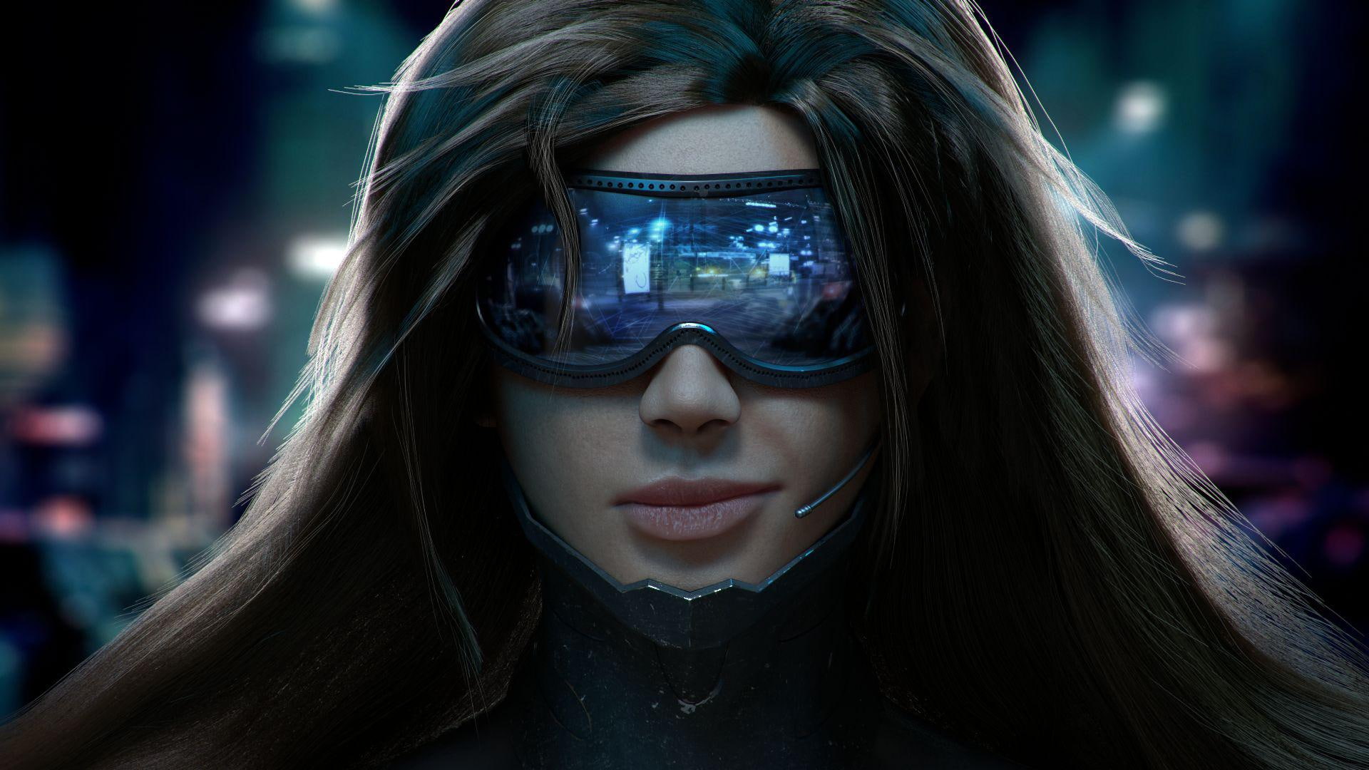 Woman Wearing Cyber Goggles, armor, artwork, cyberpunk, pulsefire