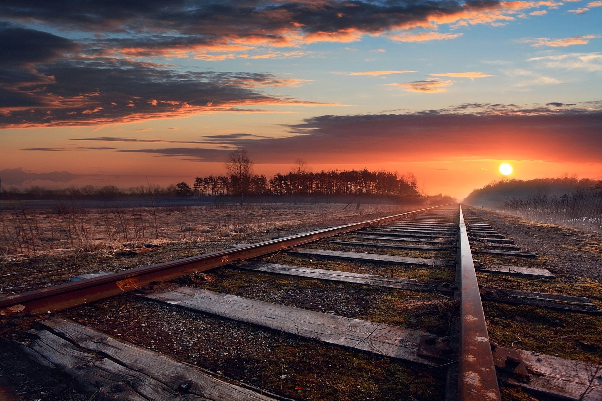 gray train rail, rail road, railway, clouds, sunset, fall, rust