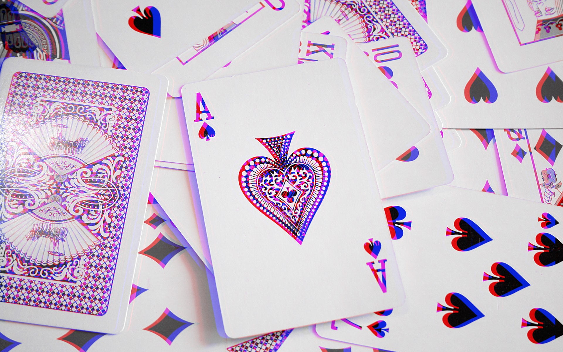 playing card lot, anaglyph 3D, aces, cards, art and craft, indoors