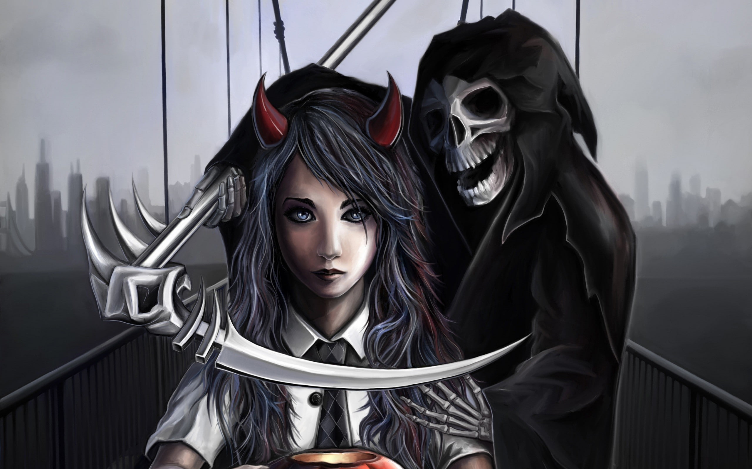 grim reaper women skull skeleton bones digital art scythe horns bridge devils death spooky cityscape