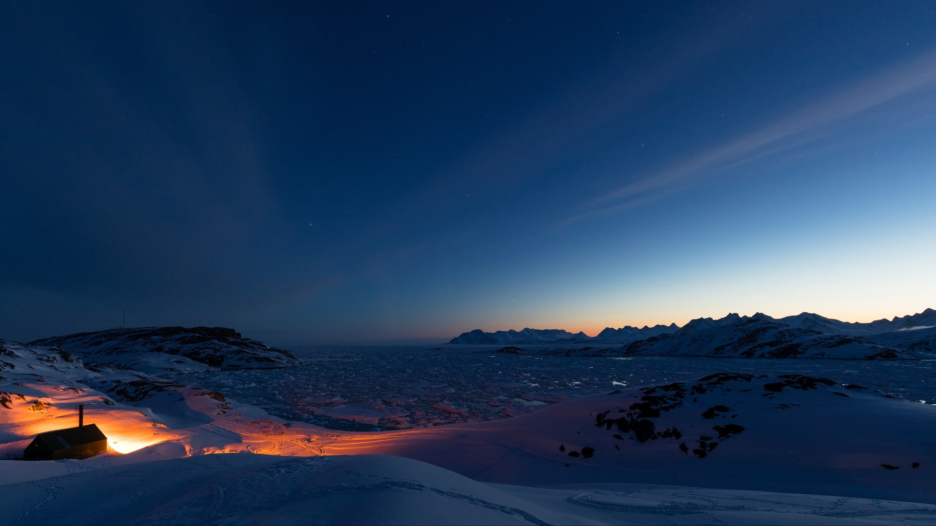 mountains, snow, ice, sunset, Greenland, Kulusuk, nature, lights