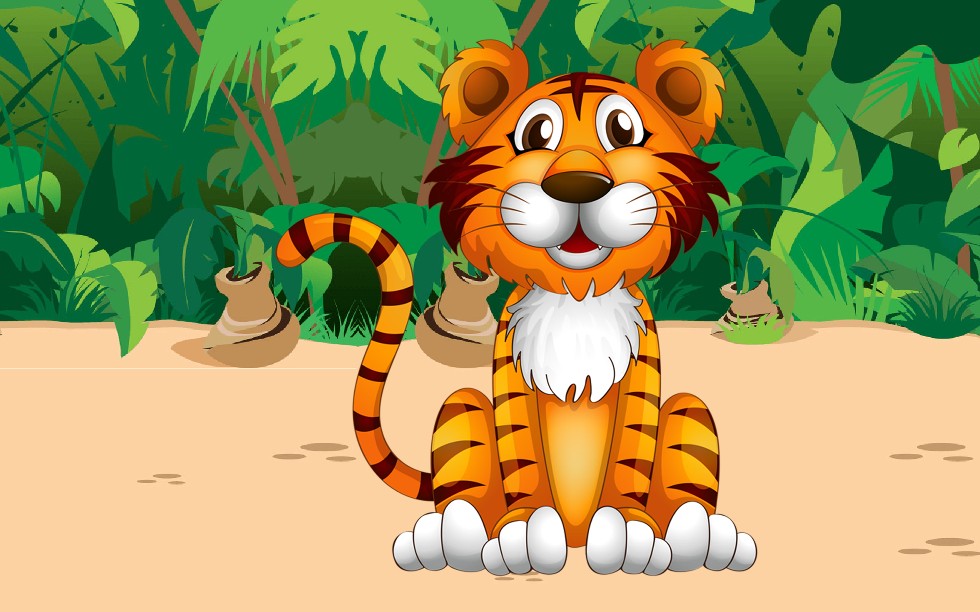 Cute Tiger Jungle Plant Cartoon Picture Pretty Desktop Hd Wallpaper For Mobile Phones Tablet And Pc 3840×2400