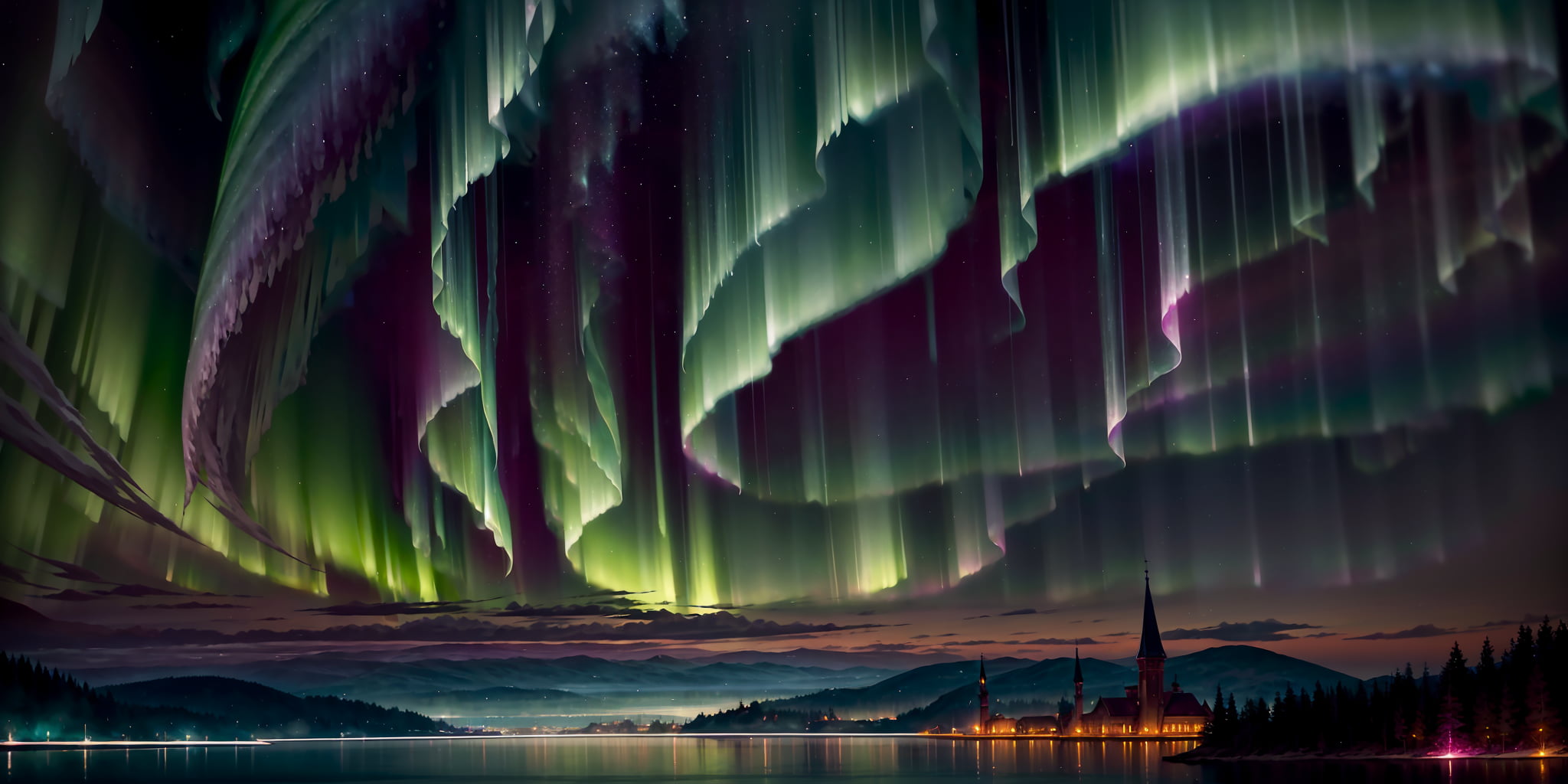 aurorae, Iceland, night, Lake Agnes, river, cityscape
