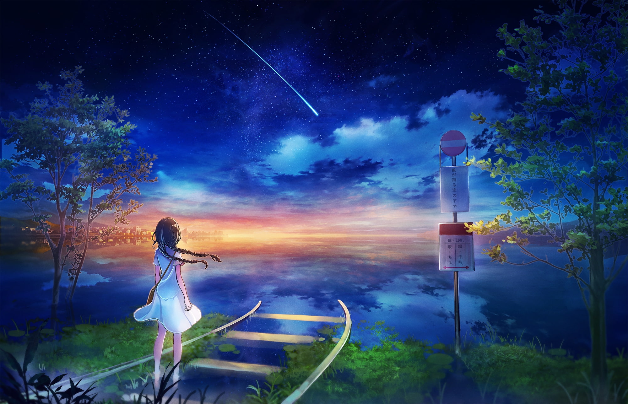 anime girl, railway, falling star, scenic, sky, dead end, grass