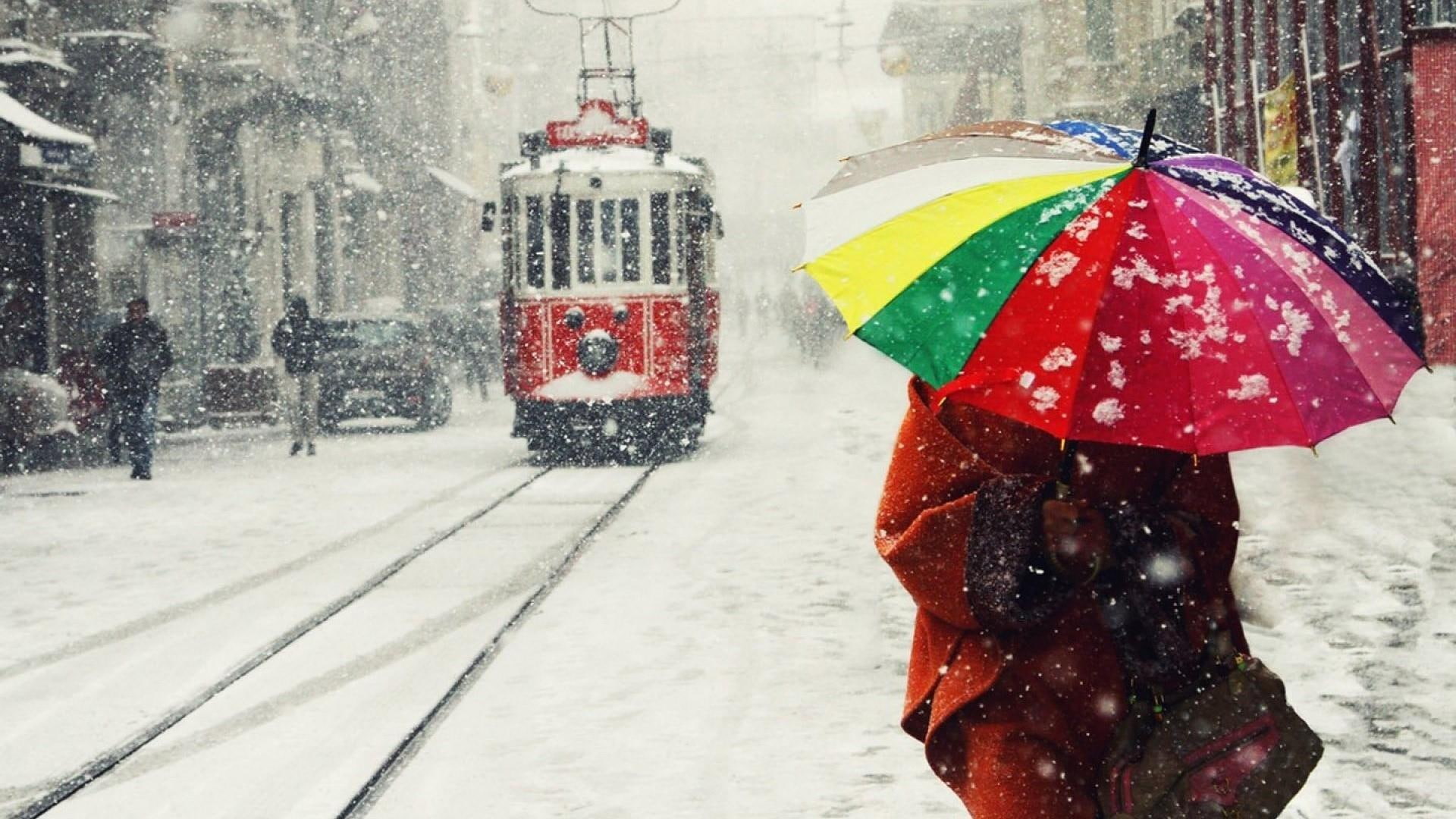 umbrella, snowing, winter, freezing, tram, electrical, snowfall