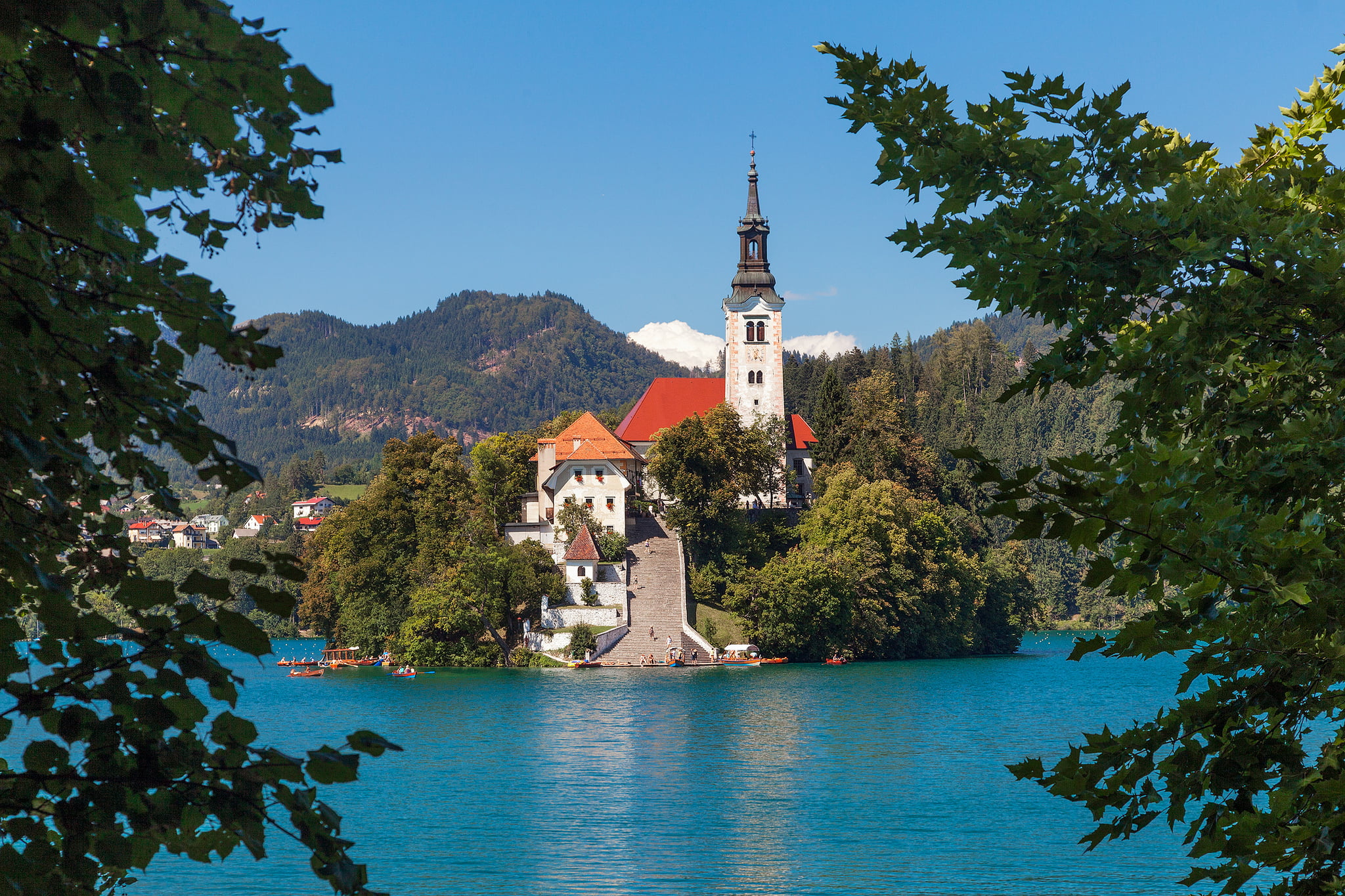 white and red house, island, Slovenia, Lake Bled, Assumption of Mary Pilgrimage Church