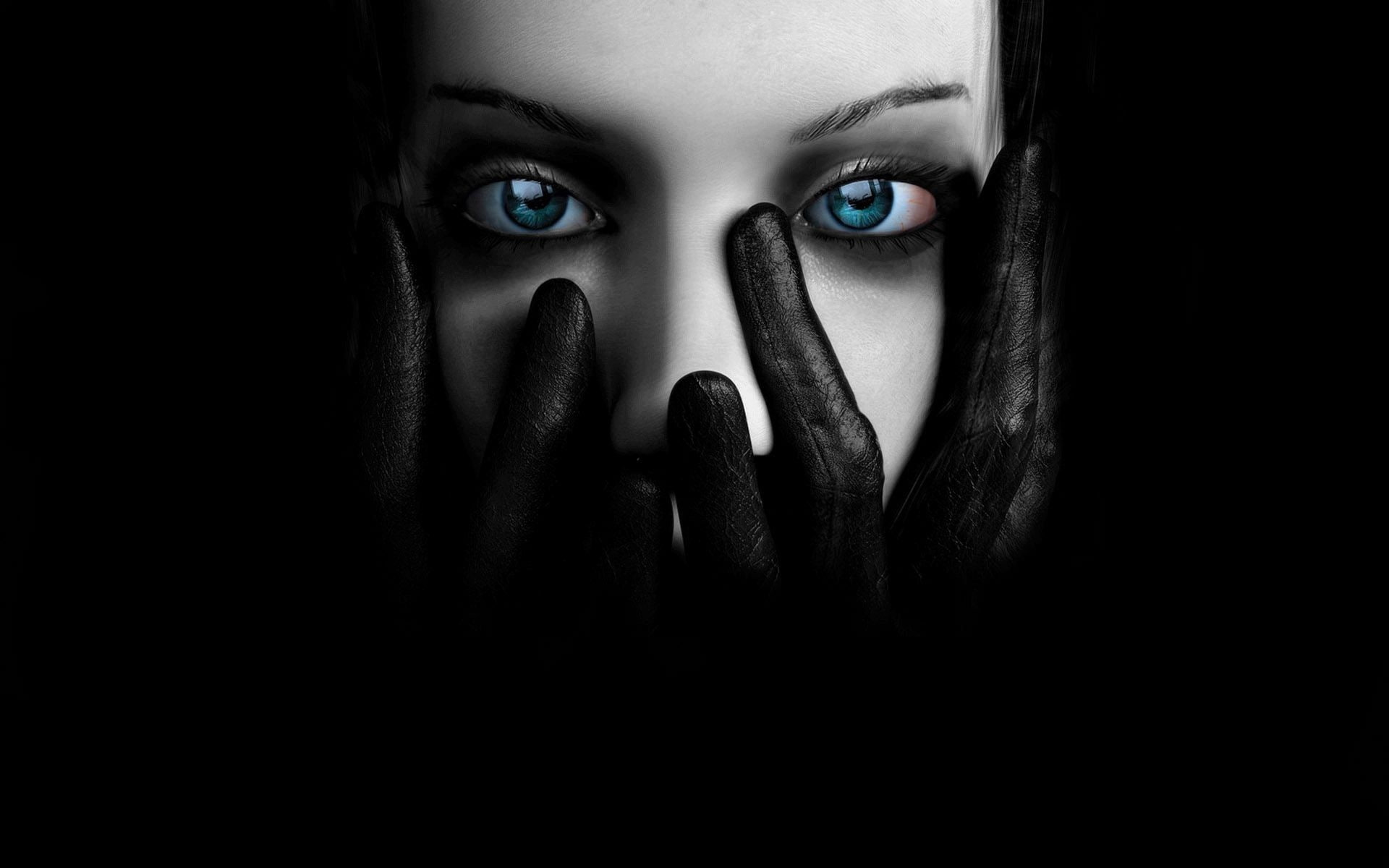 gloves blue eyes faces black background 1920x1200  People Eyes HD Art