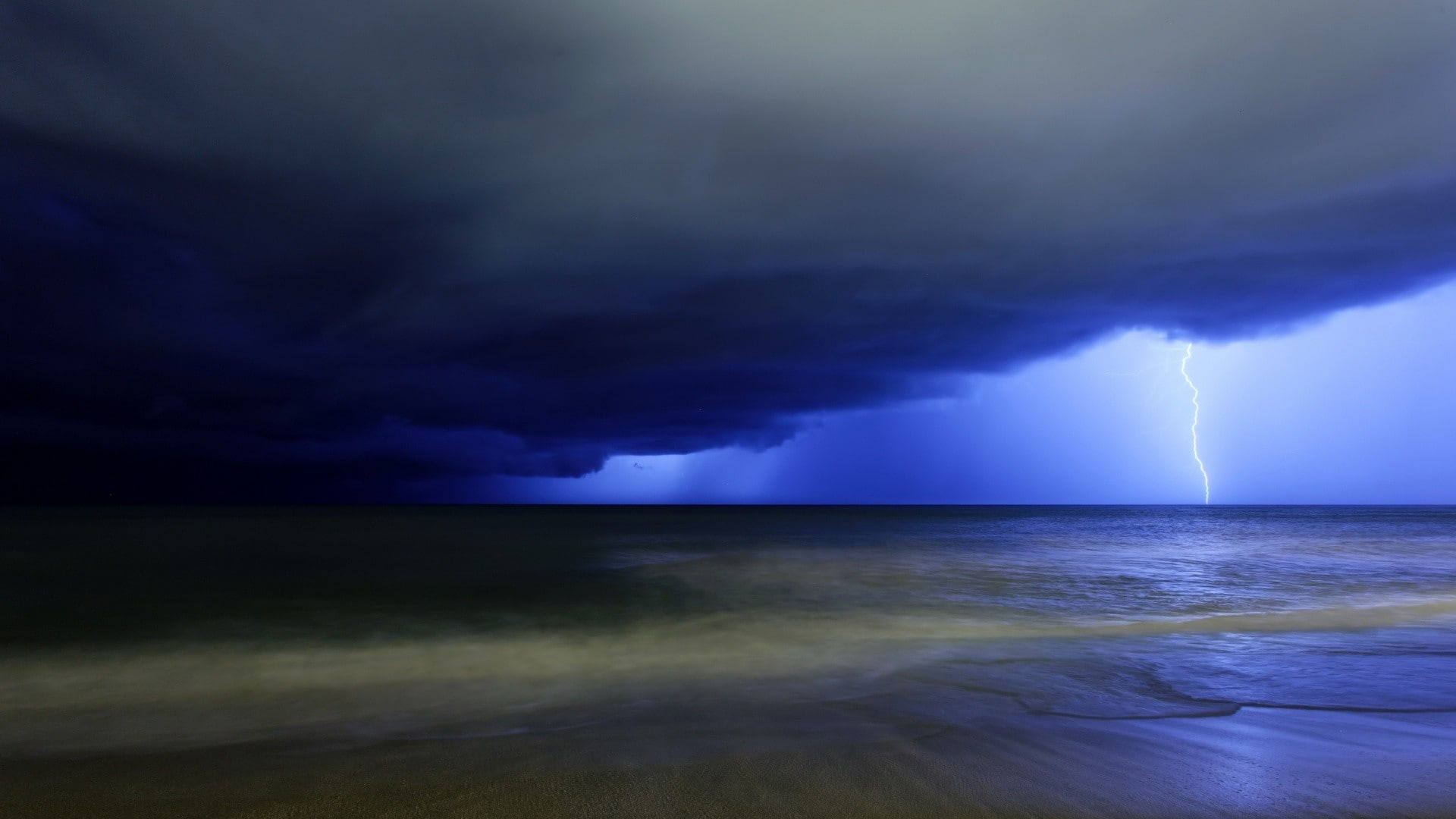 nature, landscape, storm, lightning, clouds, water, sea, waves