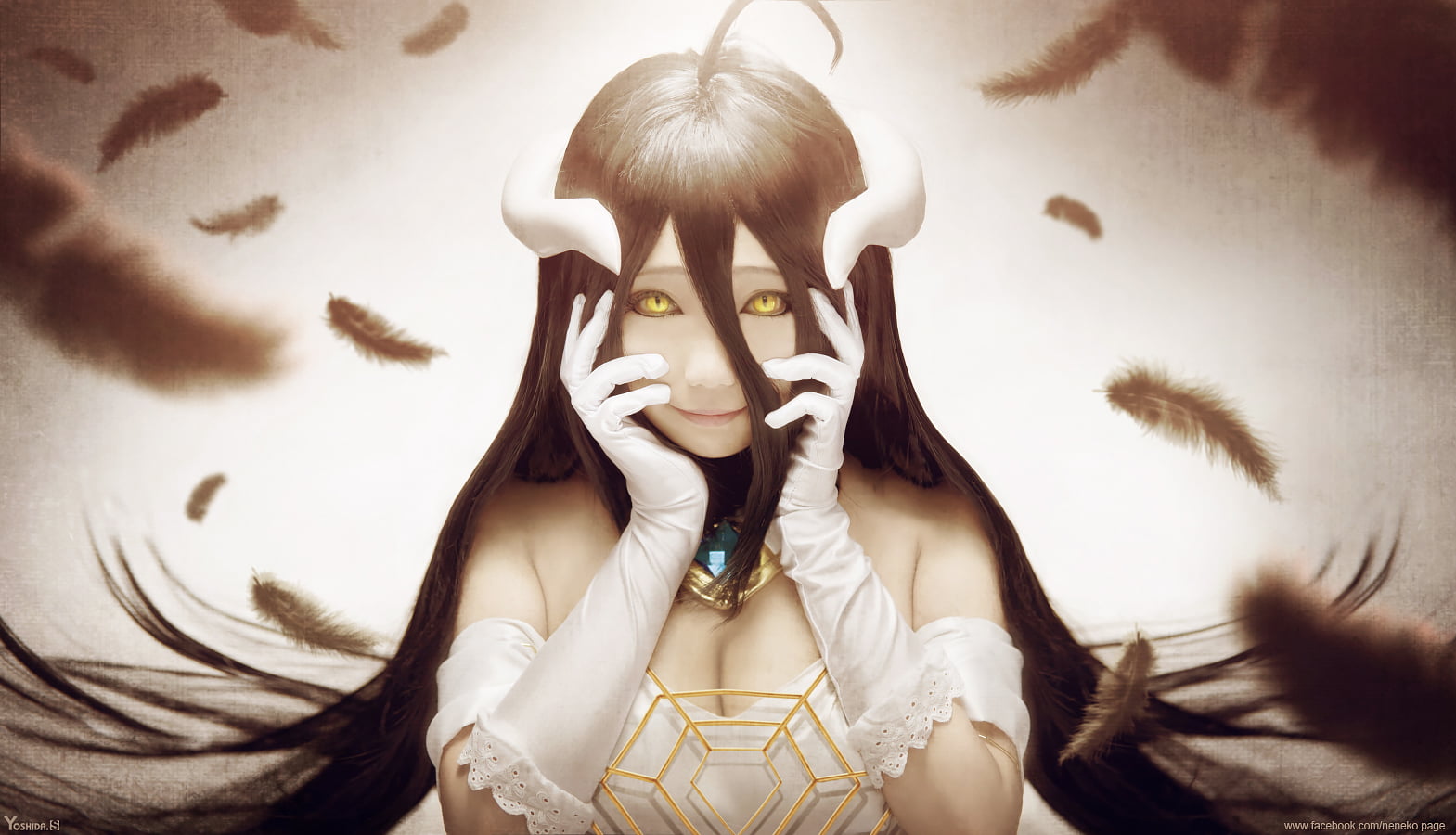 cosplay, horns, Albedo (OverLord), black hair, gloves