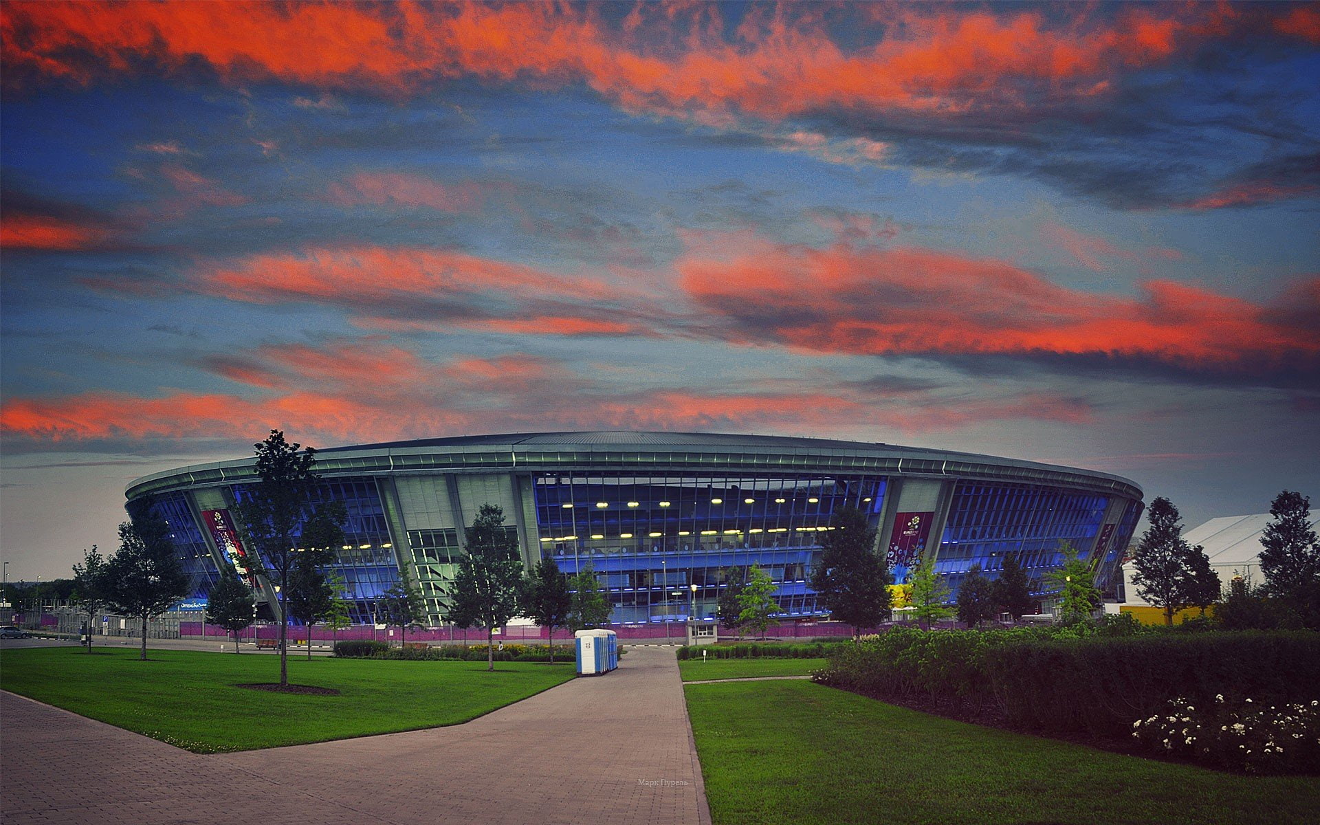 arena, donbass, donetsk, league, premier, soccer, sunset, ukraine
