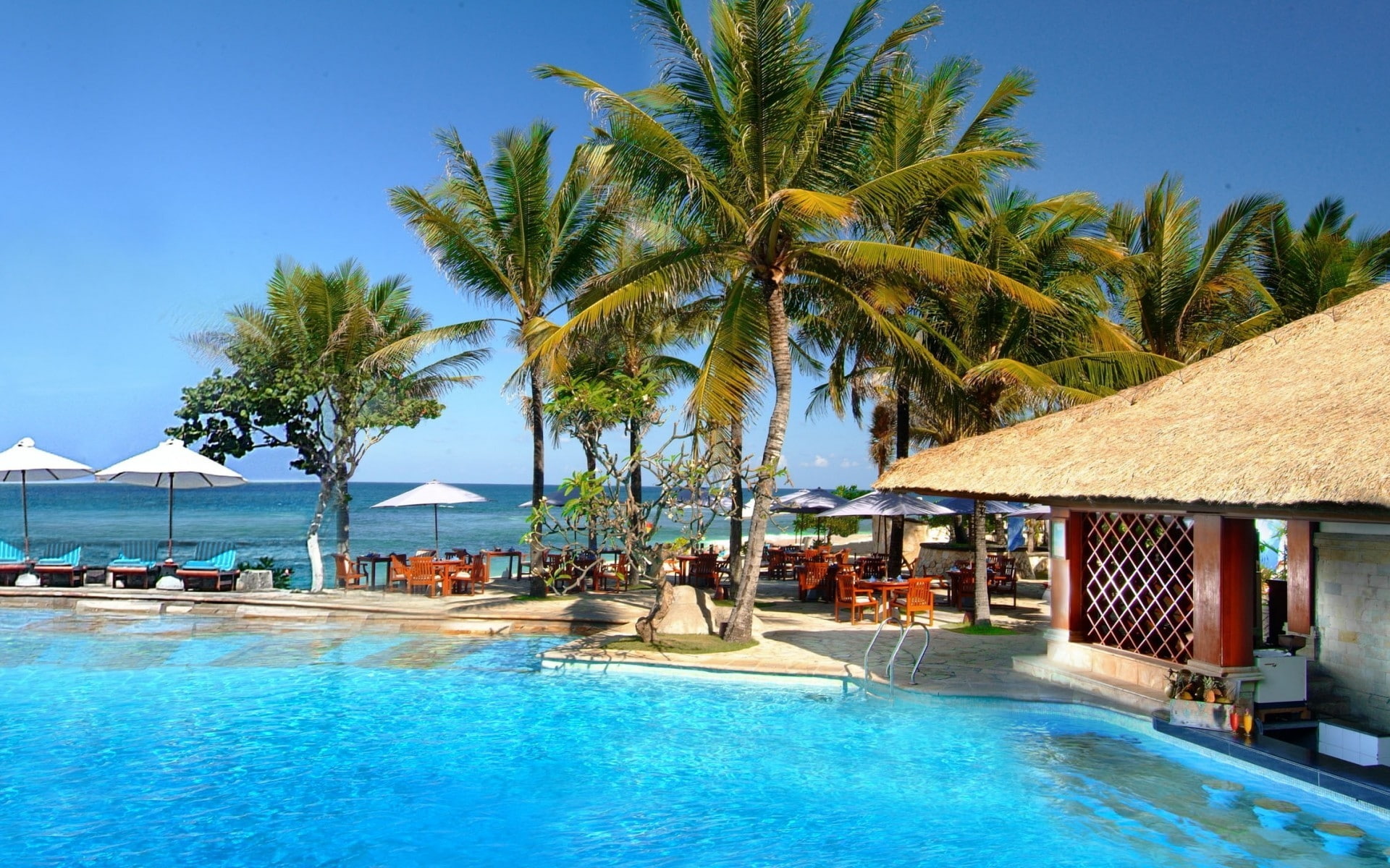 Bali Island Landscape, palm trees, sea, beach umbrellas, swimming pool