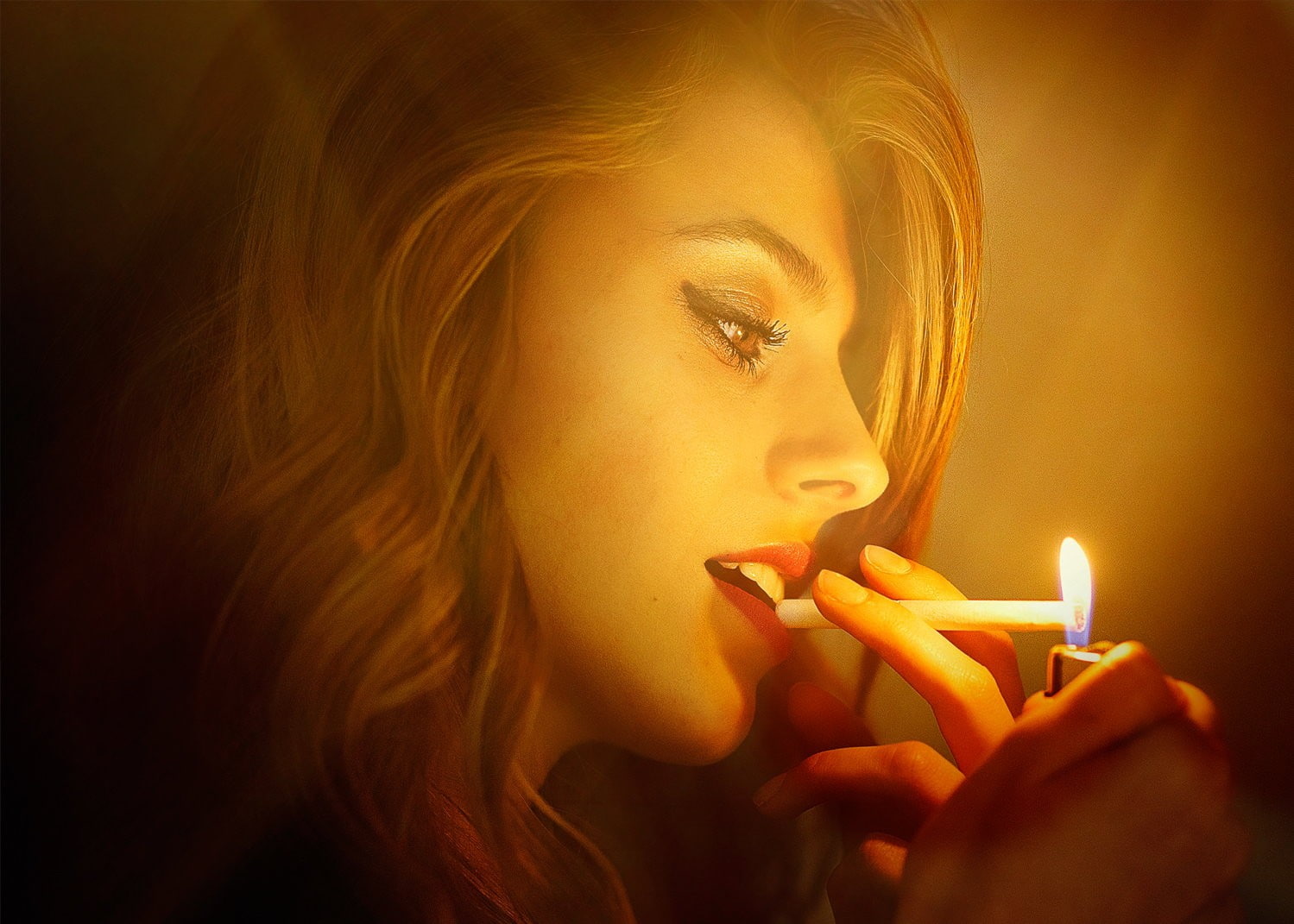 redhead, cigarettes, lighter, profile, women, brown eyes, smoking