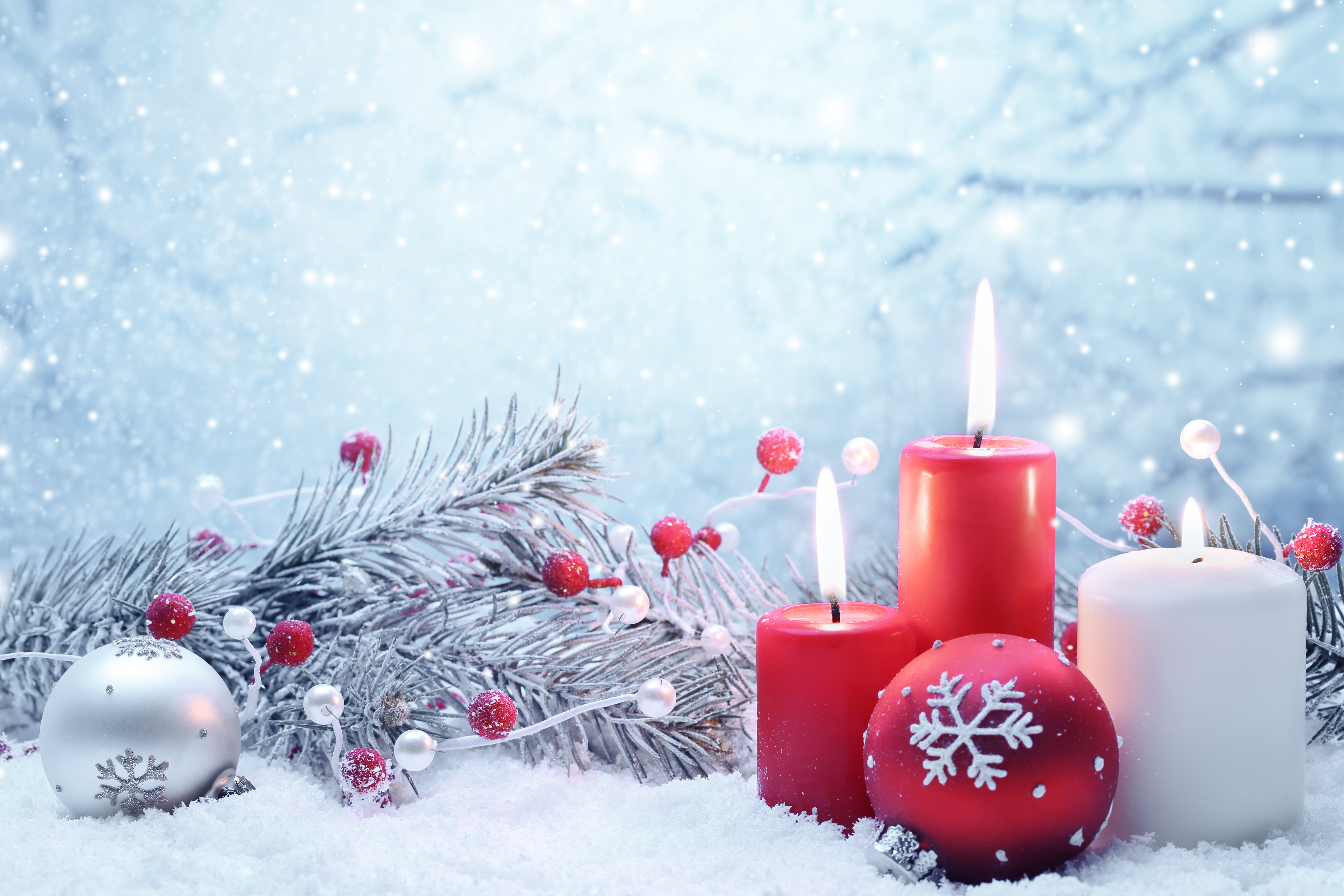 three red and white pillar candles, winter, snow, toys, New Year