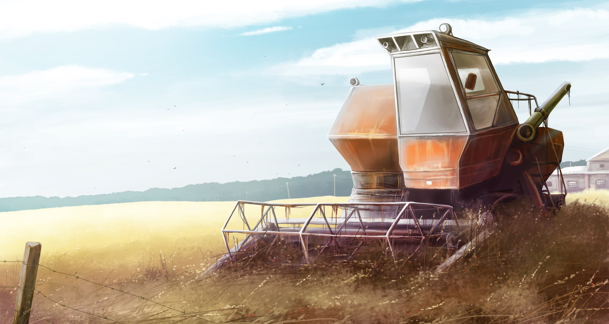 orange gardening vehicle, field, nature, tractor, harvester, Niva