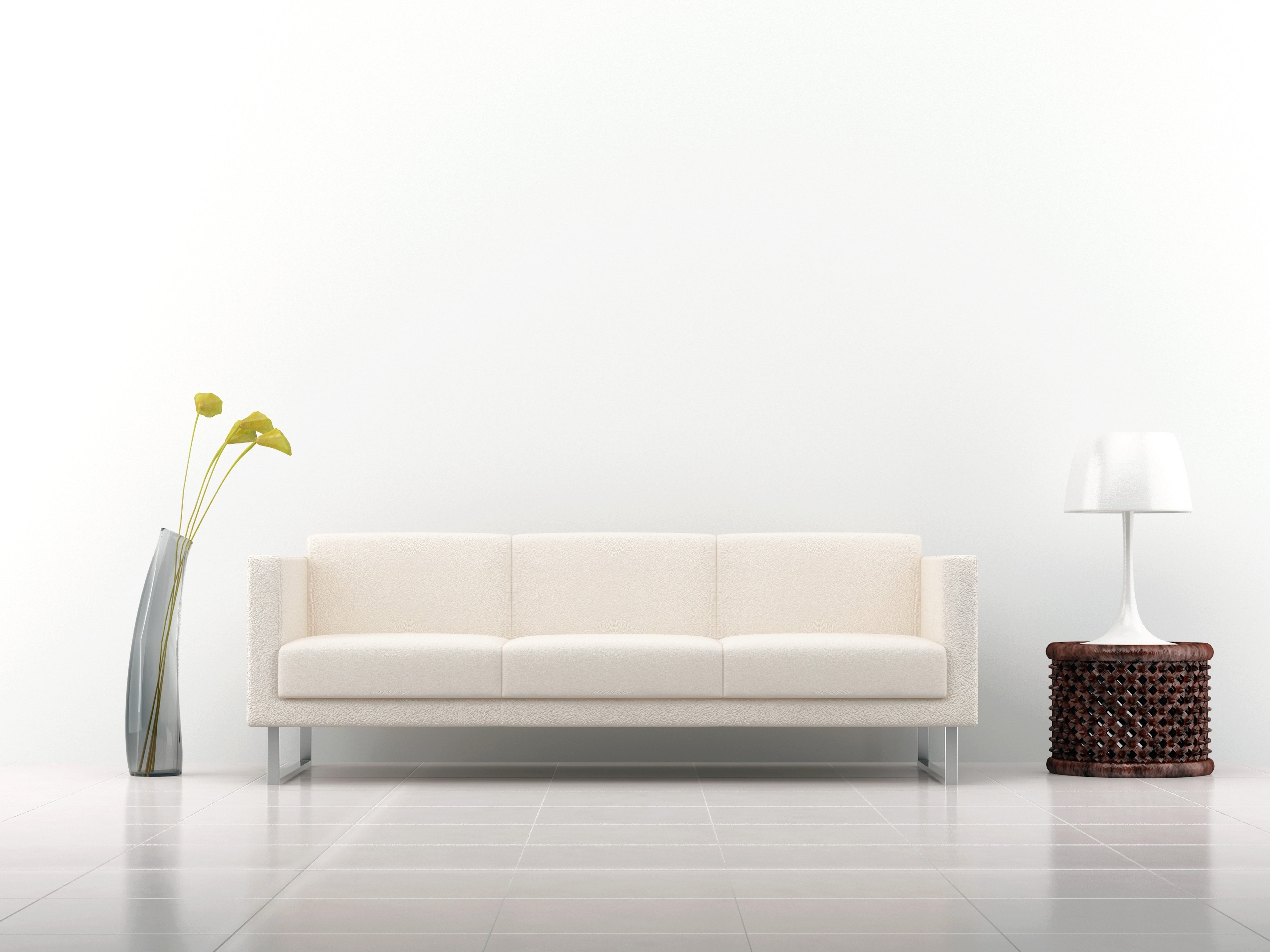 white 3-seat sofa, decoration, interior, vase, lamp, white background