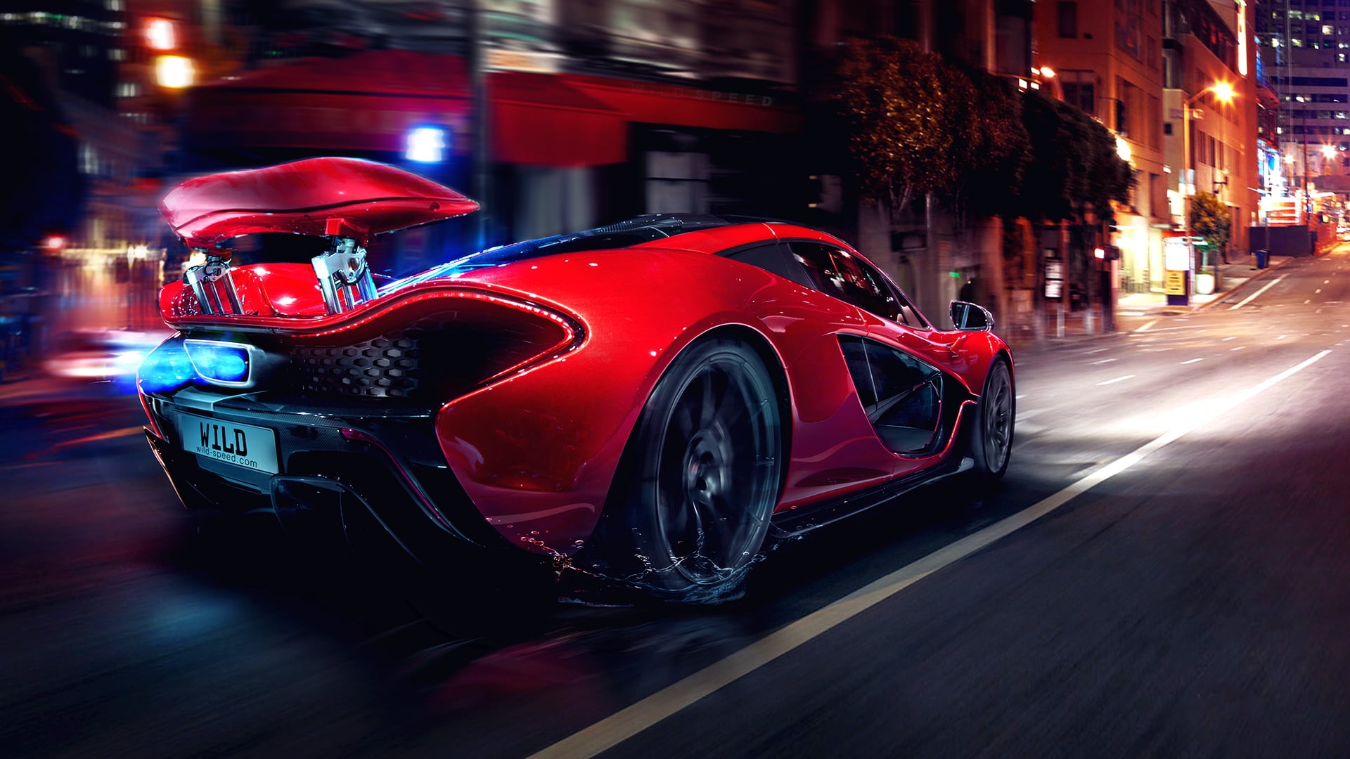 red sports car, Concept, Glow, Lights, Night, Street, Tuning