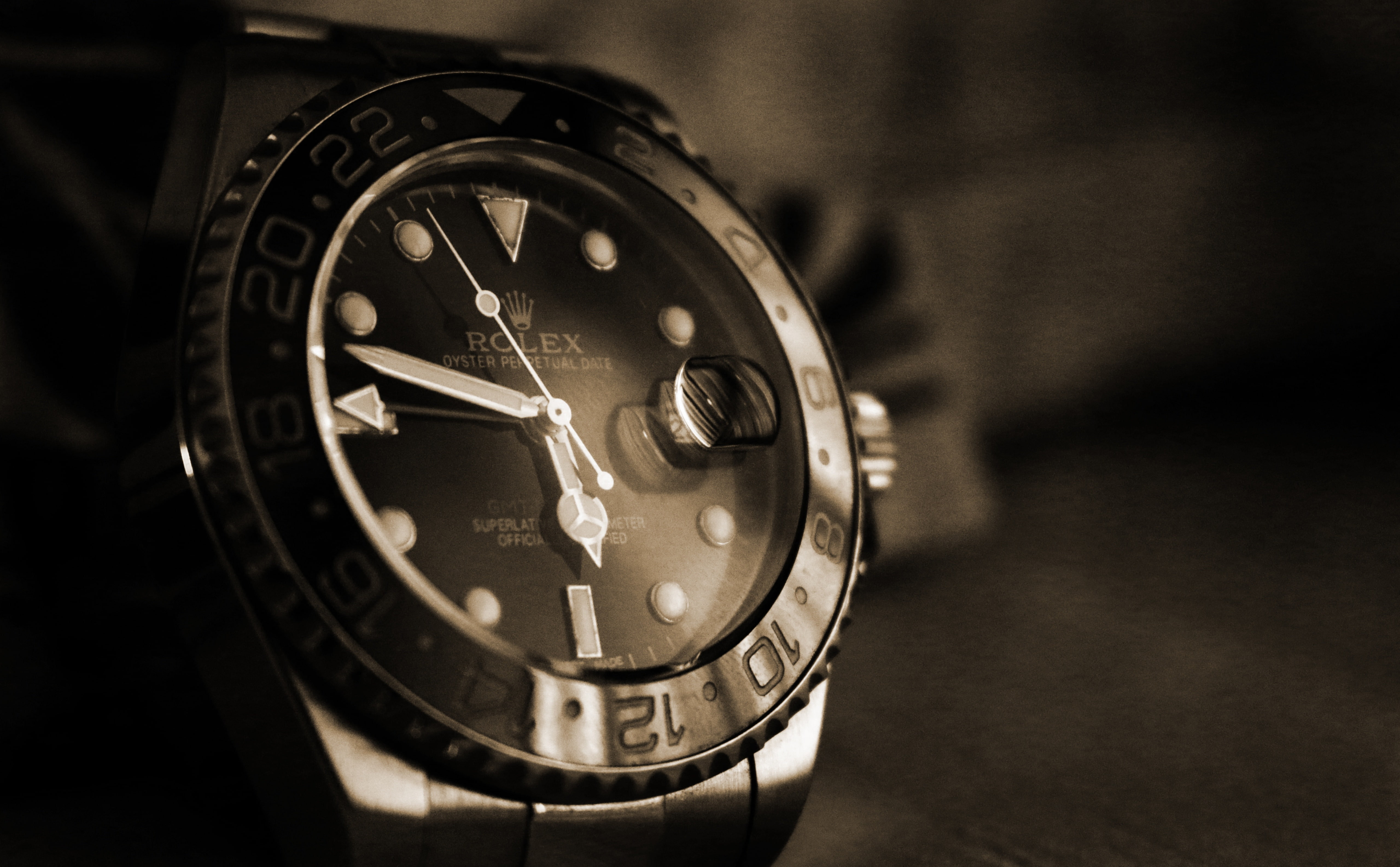 Rolex, round black Rolex analog watch, Vintage, time, close-up