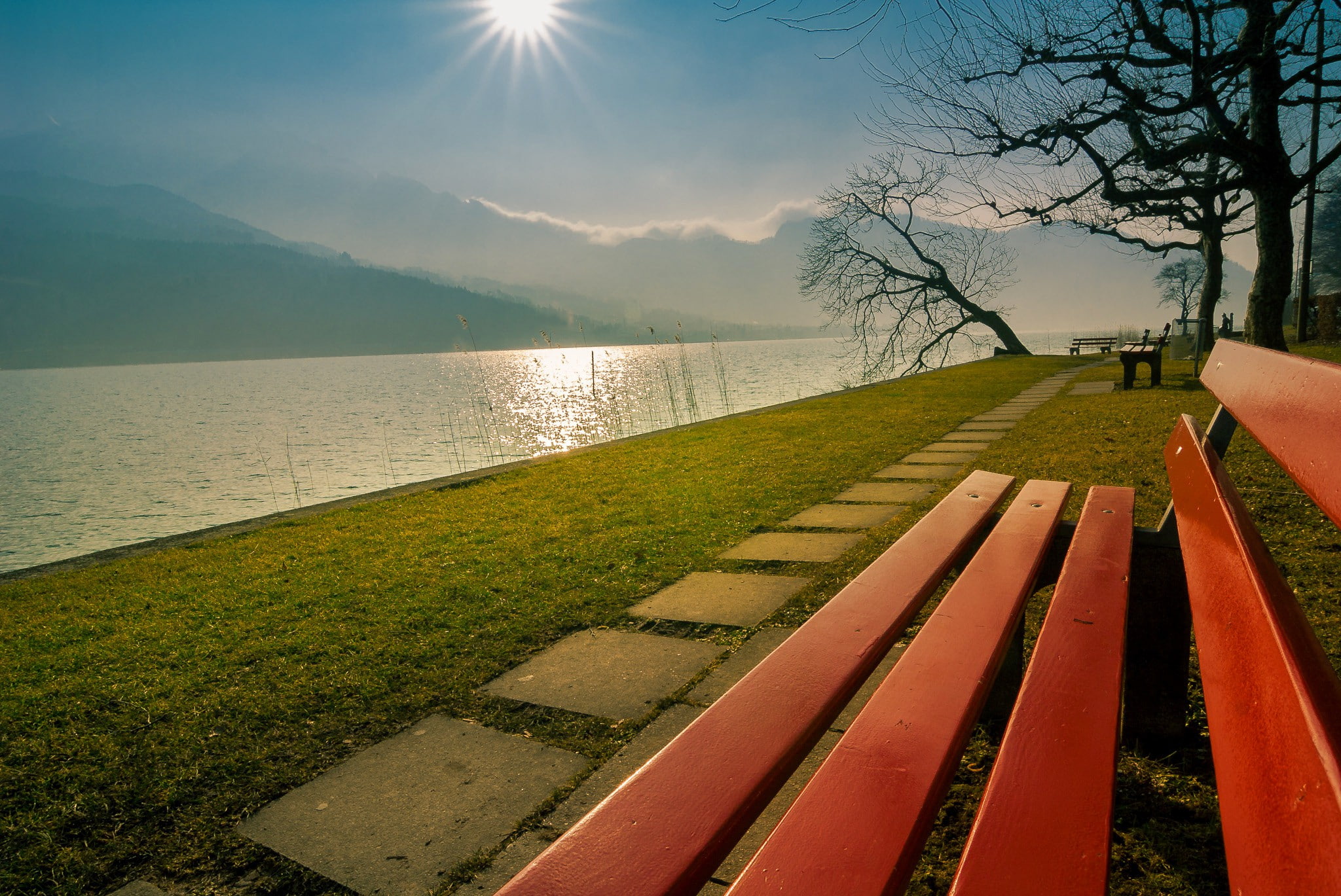 Lake Lucerne, Switzerland, red wooden bench, park, the mountains