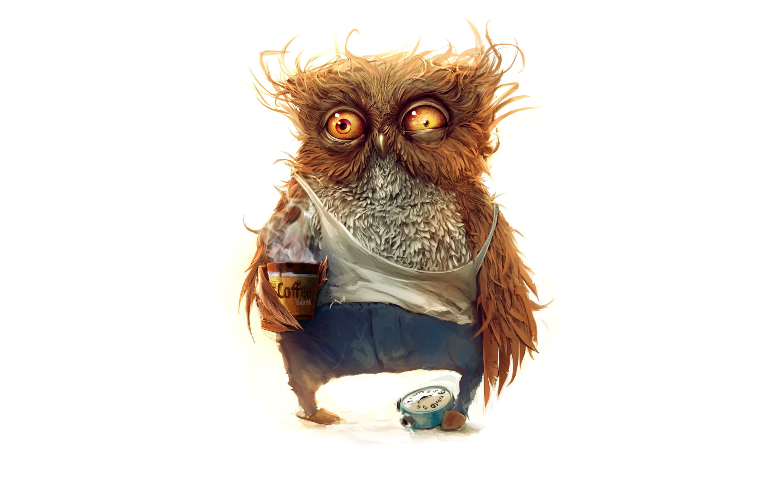 brown owl cartoon character, coffee, morning, animals, humor