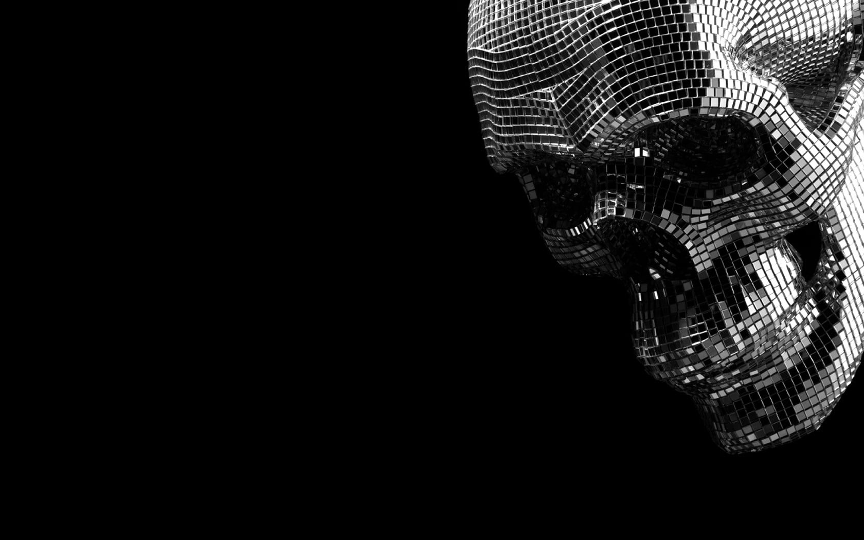 gray pixelized skull, digital art, fantasy art, pixels, monochrome