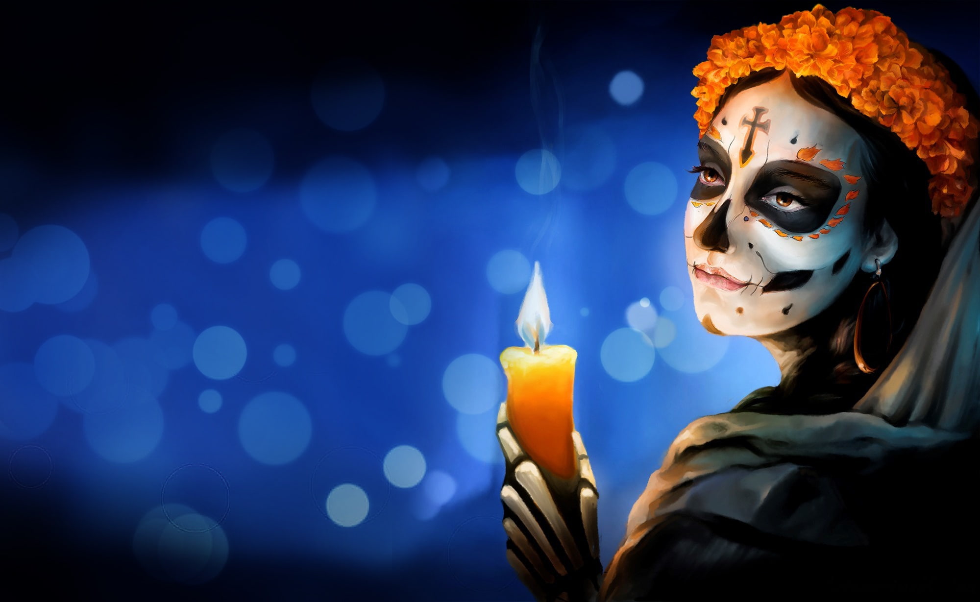 Dia de los Muertos, women, artwork, skull, face, candles