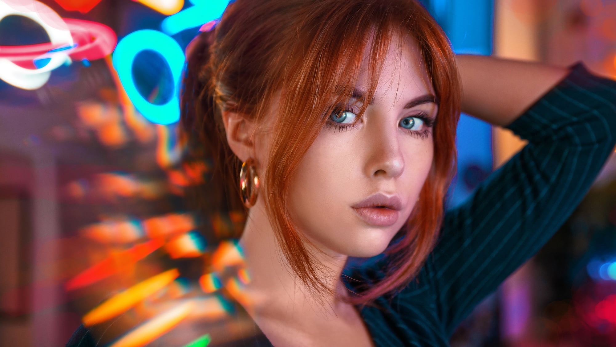 Free Download Hd Wallpaper Women Redhead Model Portrait Face Bokeh Neon Lights Hoop 2270